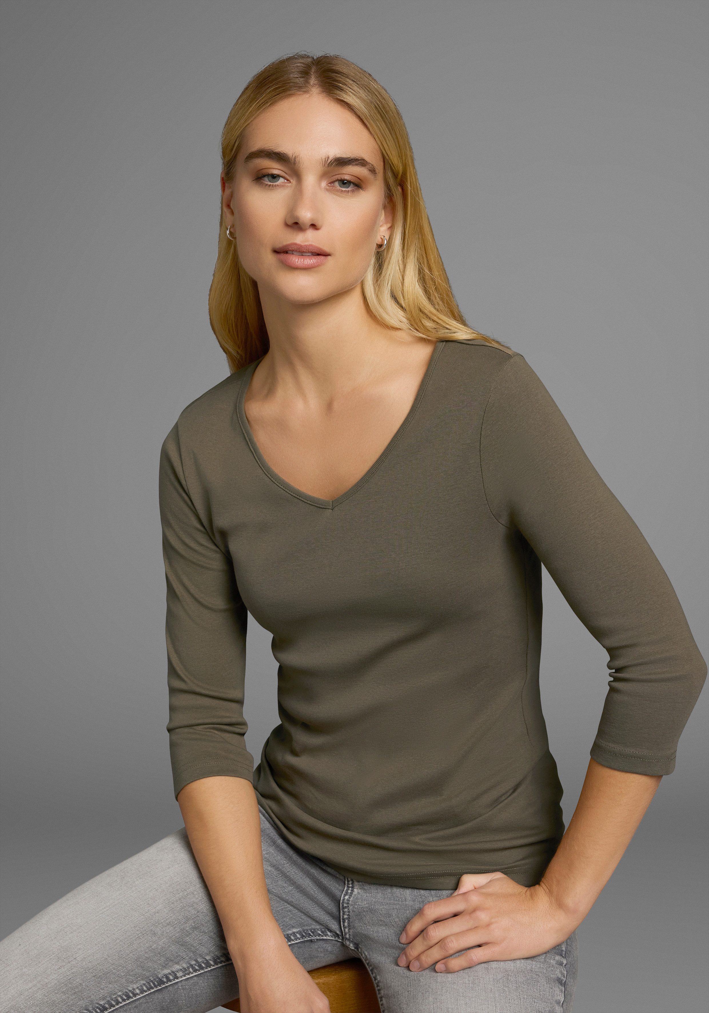 Flashlights Shirt met V-hals effen, v-hals, basic stijl, van katoen, in 2-pack (2-delig, Set van 2)
