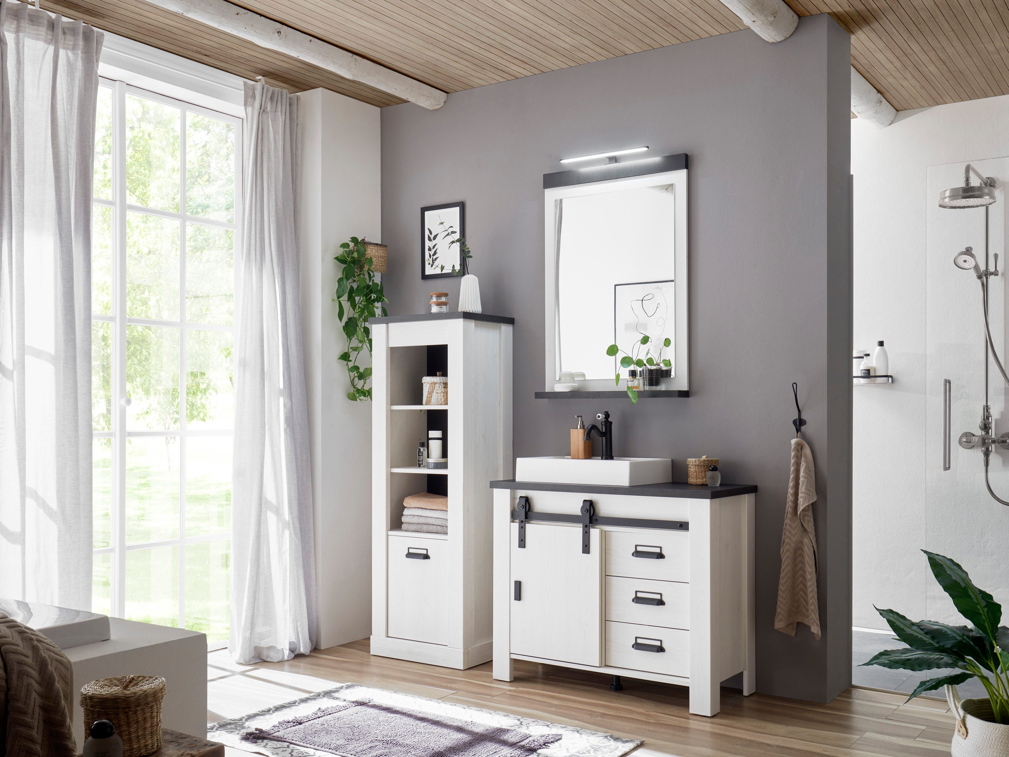 Home affaire Badkamerserie SHERWOOD, Bad im modernen Design, 3-teiliges Badezimmer in houtdecor, met schuurdeurbeslag en apothekersgrepen van metaal (3-delig)