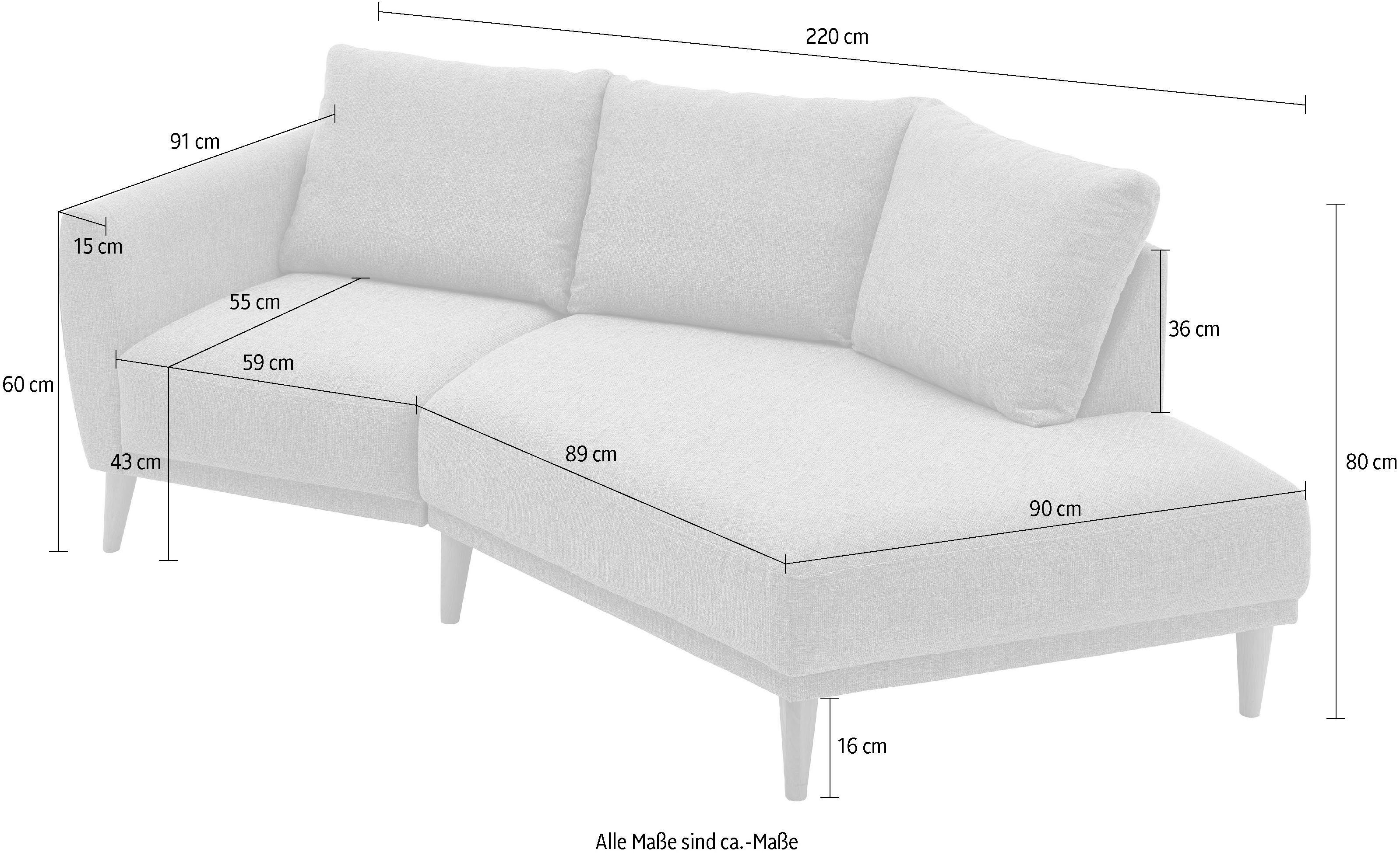 ATLANTIC home collection 2,5-zitsbank Elvis Hoekbank met open einde in Scandinavische stijl, massief houten poten