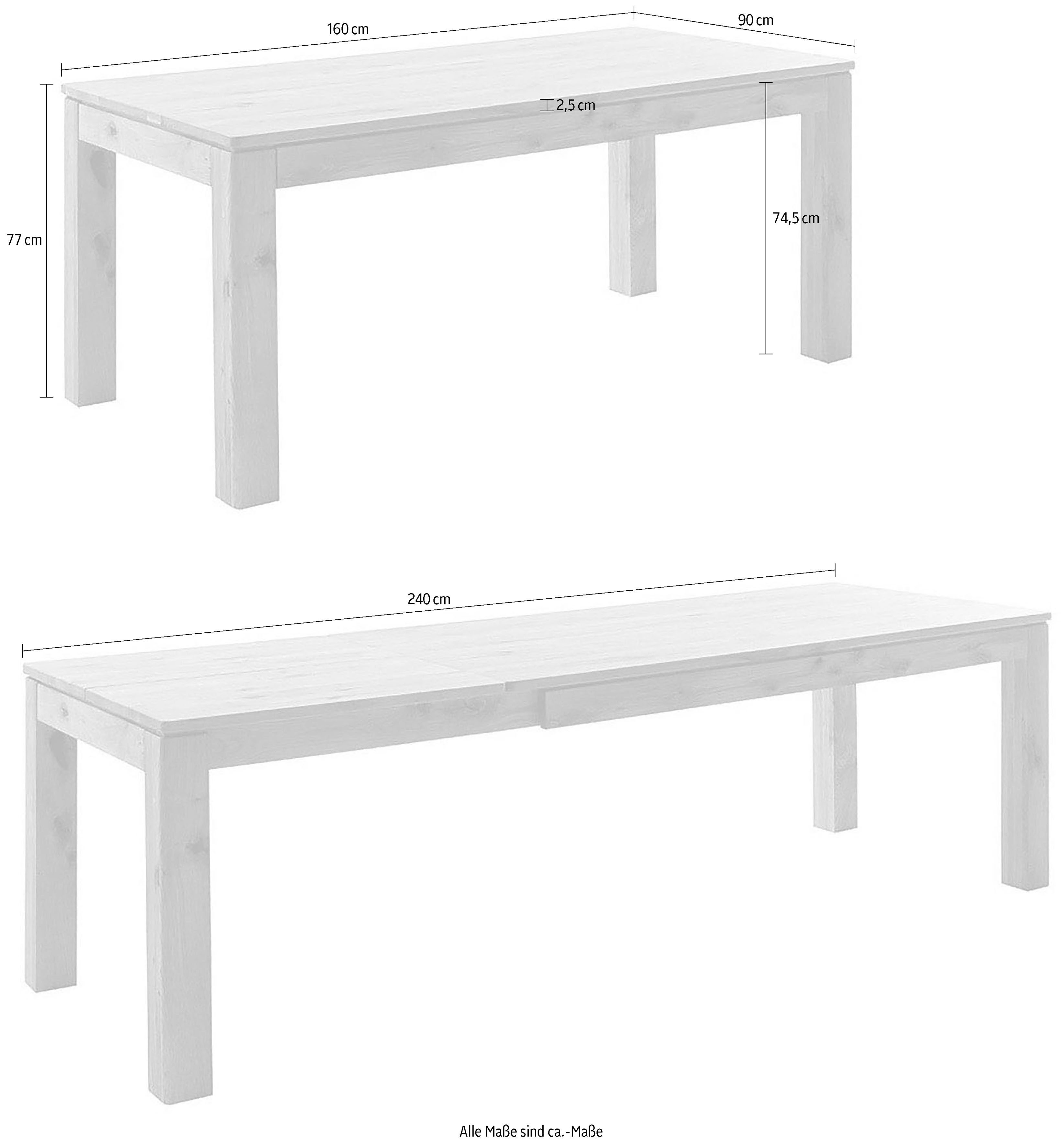 MCA furniture Eettafel ETNA 4-poot tafel Massief hout, doorlopende lamel, blokvoet 10x10 cm, tafelblad 2,5 cm