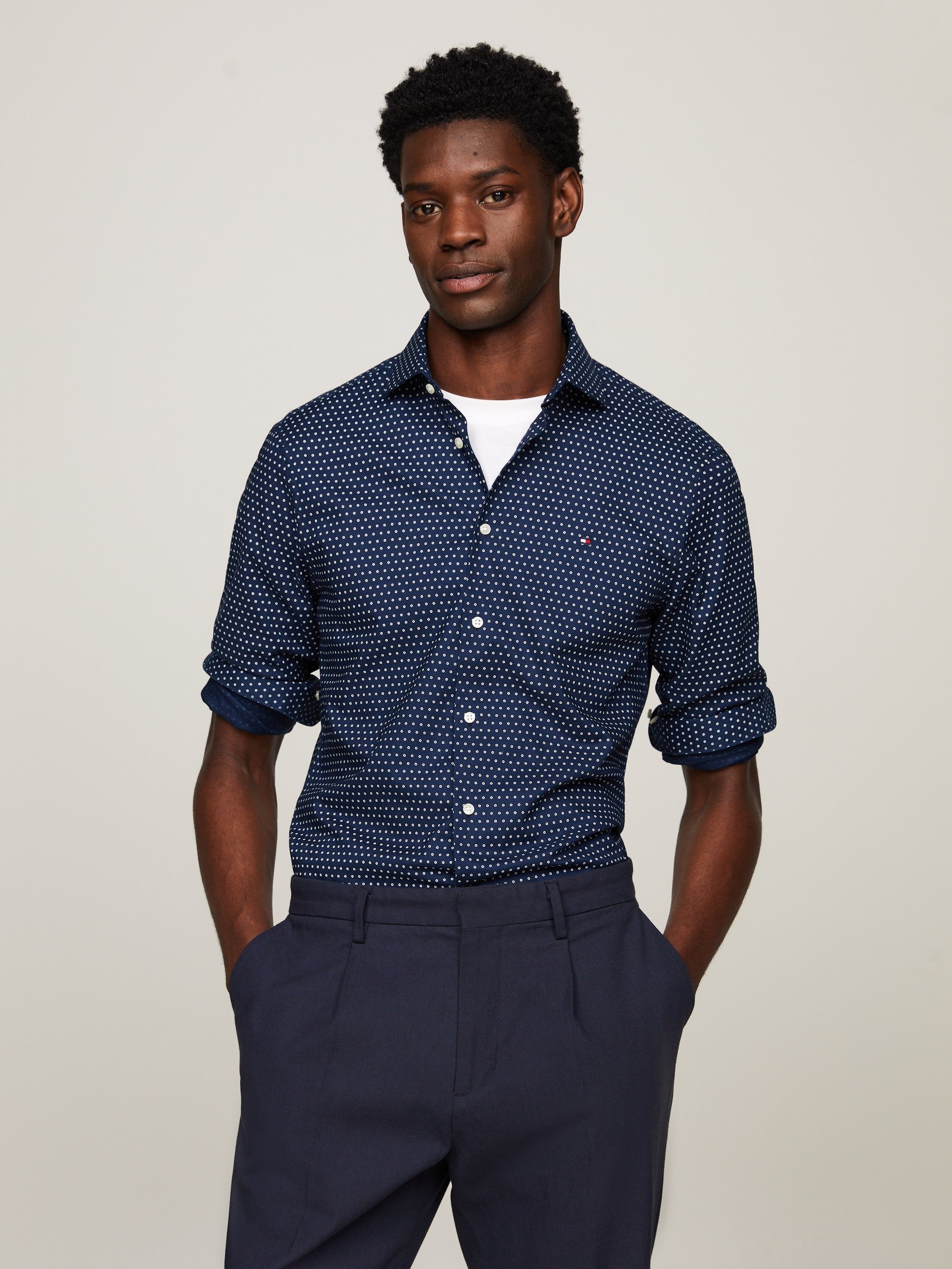 Tommy Hilfiger Businessoverhemd CL-W OXF CIRCLE PRINT SHIRT SF heren zakelijke overhemden maat 37 blauw