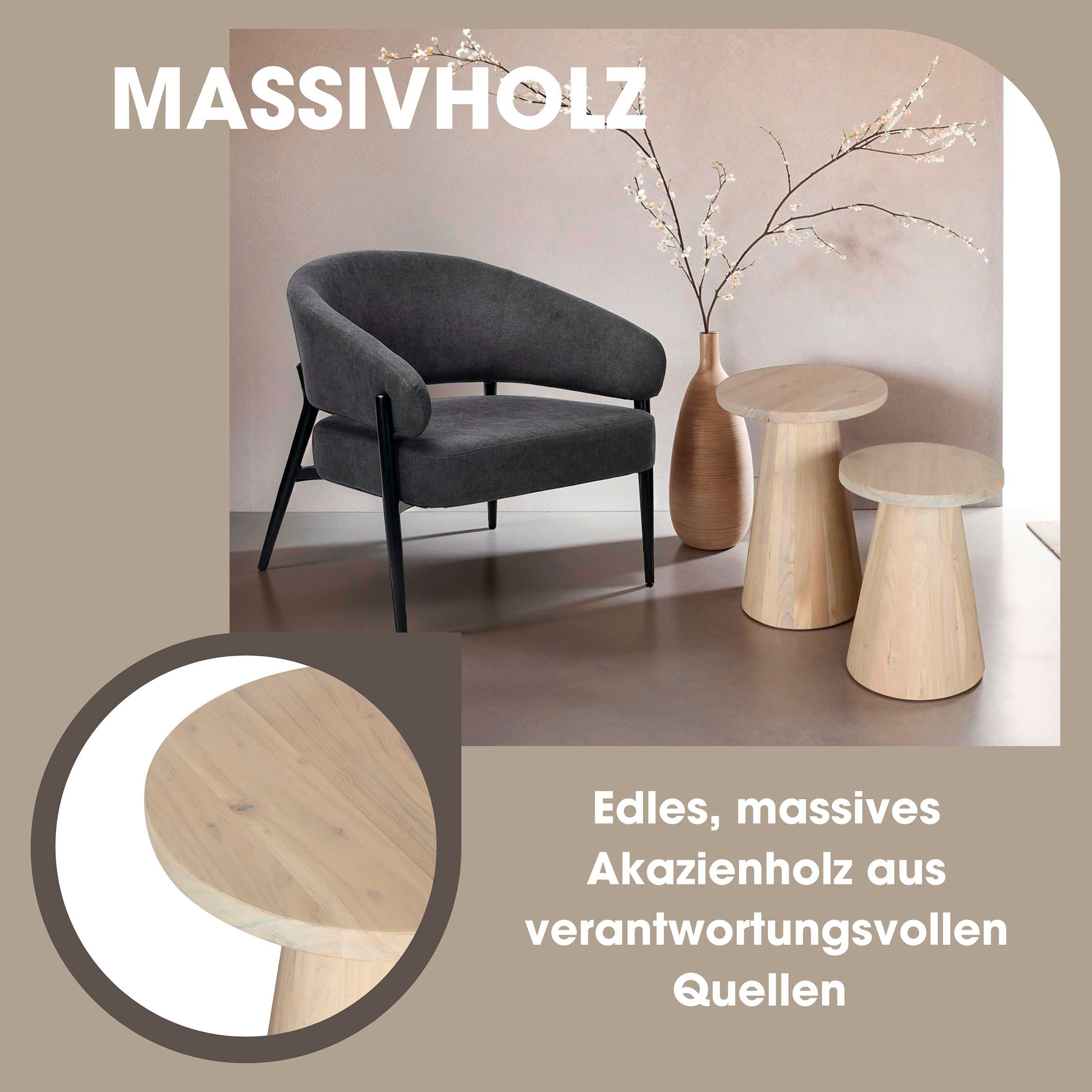 byLIVING Bijzettafel Kegel uit massief hout in zwart of white wash, verschillende maten (set)