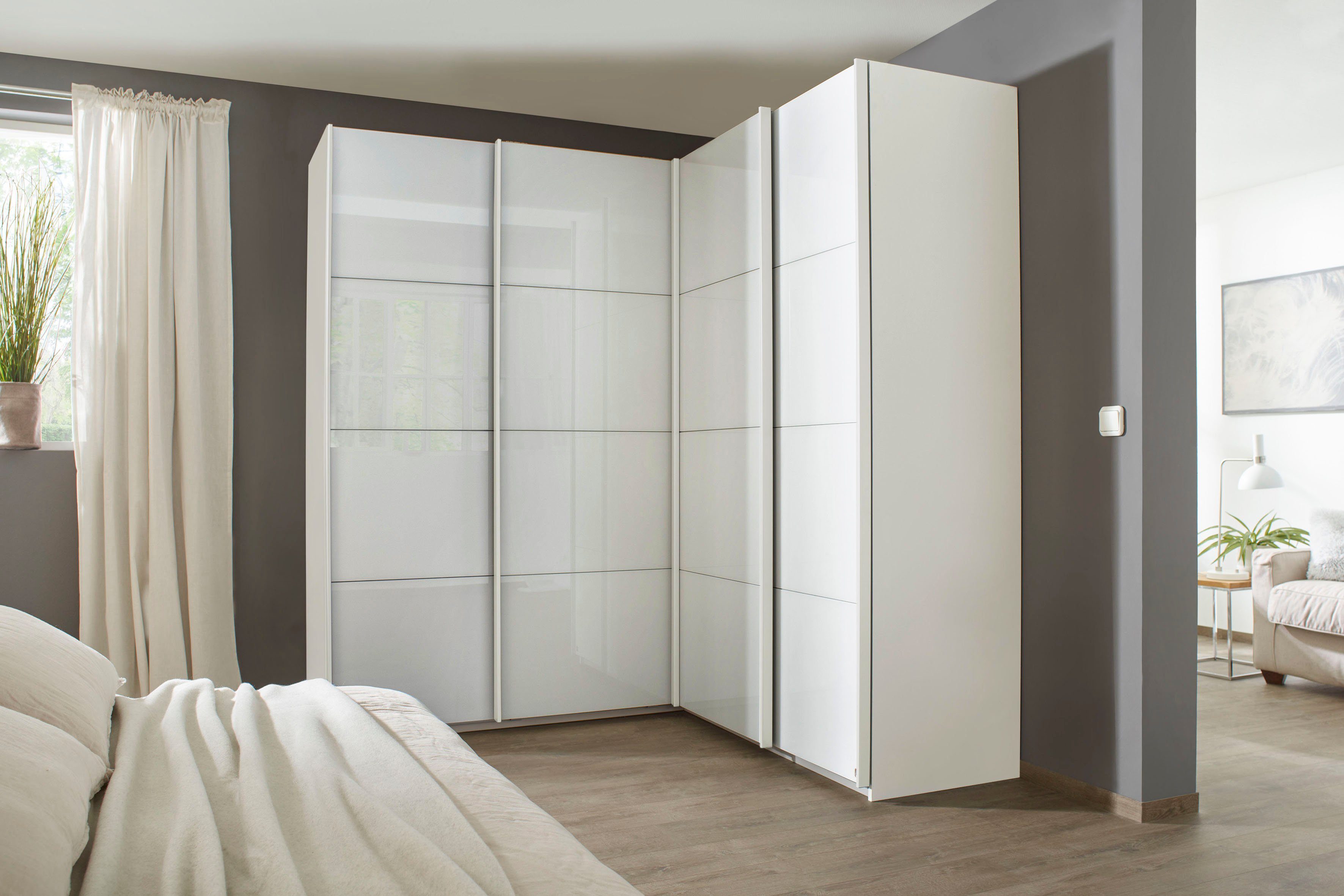 rauch Zweefdeurkast Quadra Hoekkast inclusief deurdemper en lade-inzet, met glasdeuren zweefdeurkasten maat 181 cm x 229 cm x 187 cm wit