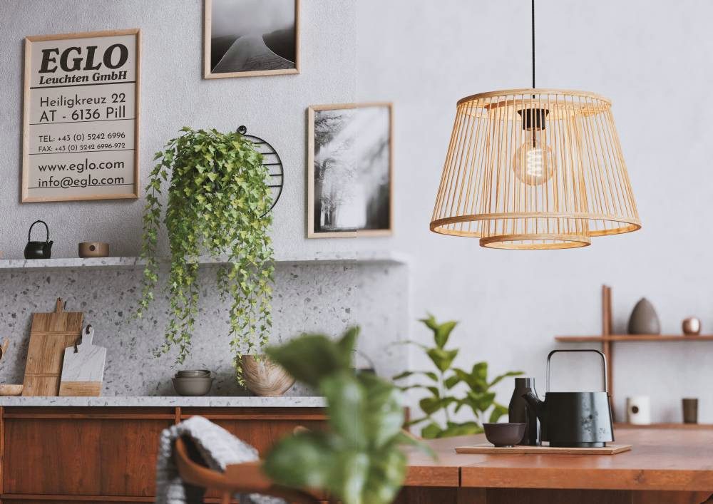 EGLO Hanglamp HYKEHAM Houten eettafellamp, bamboe in natuur, hanglamp met E27 fitting (1 stuk)