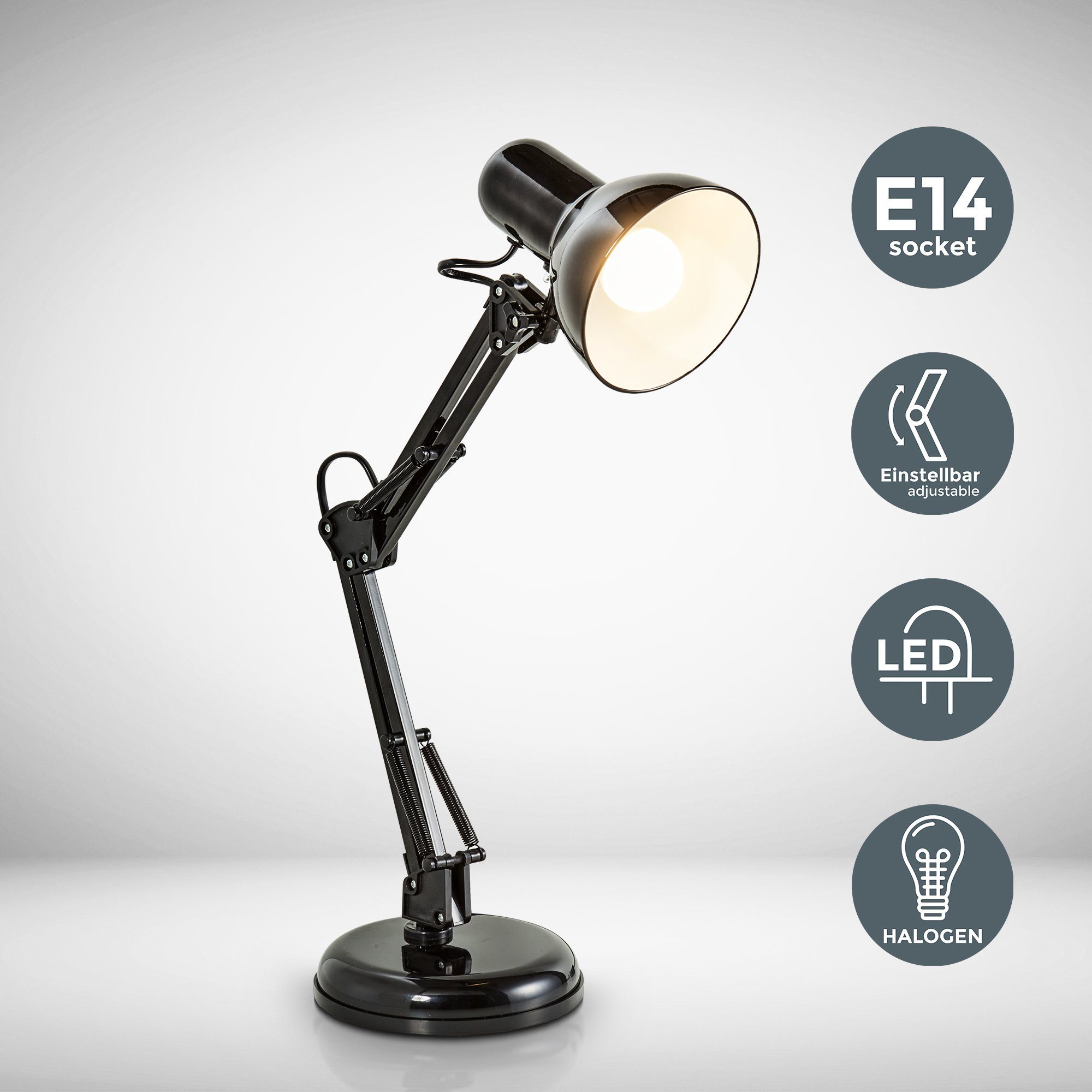 B.K.Licht Bureaulamp Draco Tafellamp, zwart, metaal, retro, bureau, draaibaar en kantelbaar