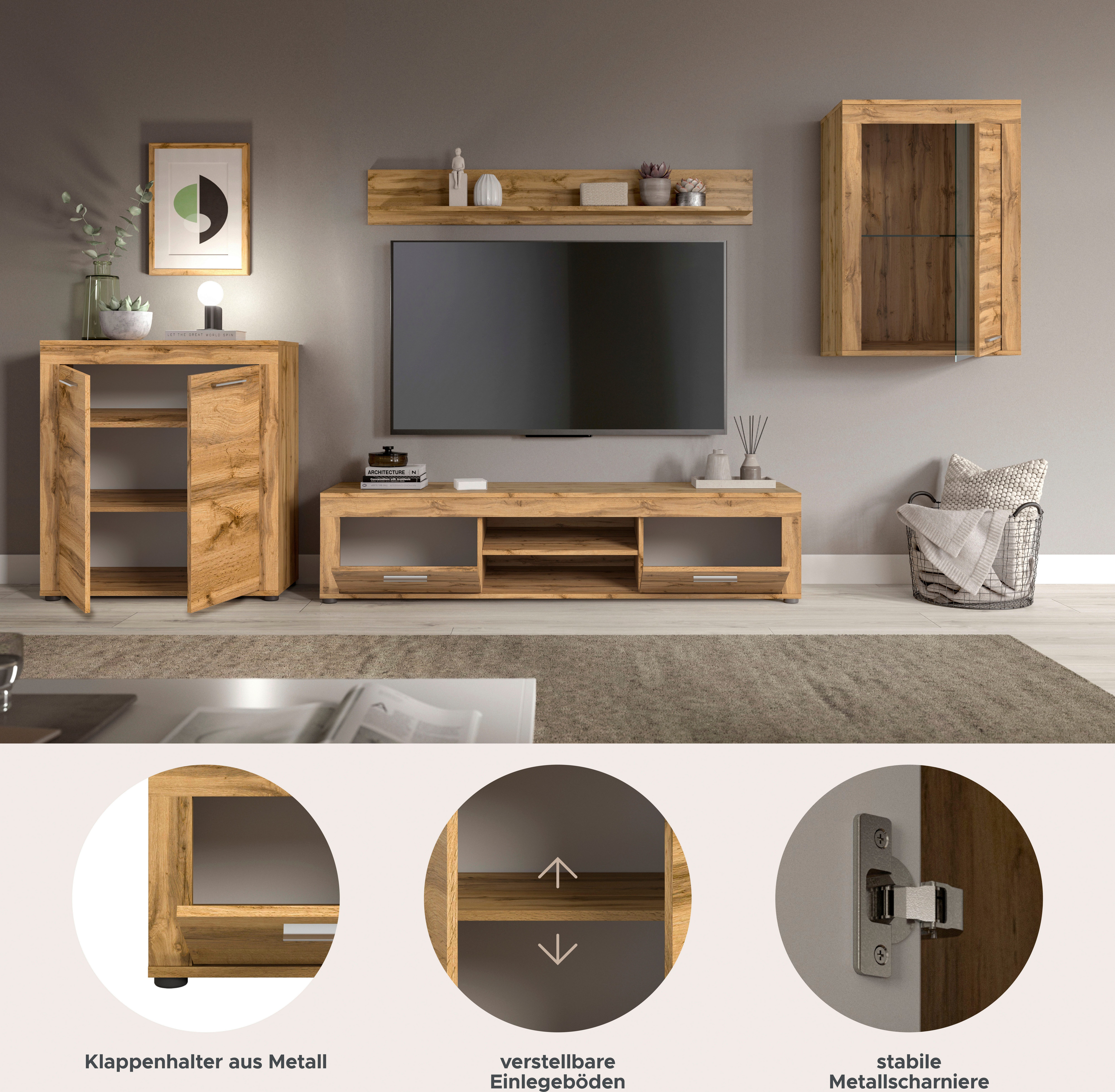 INOSIGN Wandmeubel Aosta, 4-delig, bestaande uit: highboard, lowboard, wandplank & vitrinekast (4-delig)