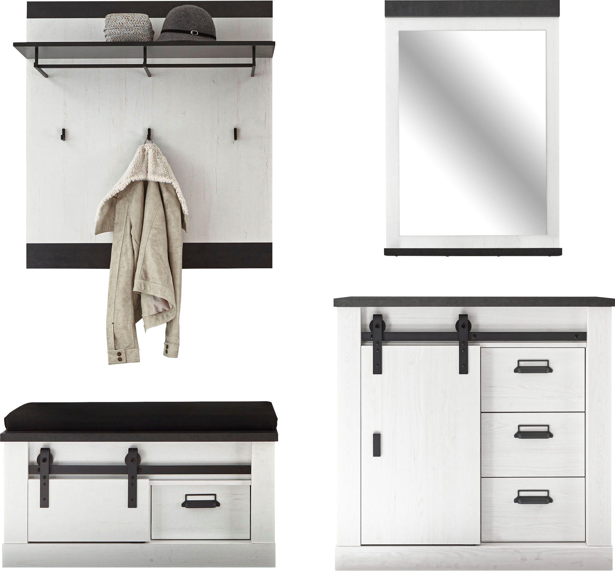 Home affaire Halmeubelset Sherwood met schuurdeurbeslag, apothekersgrepen van metaal (4-delig)