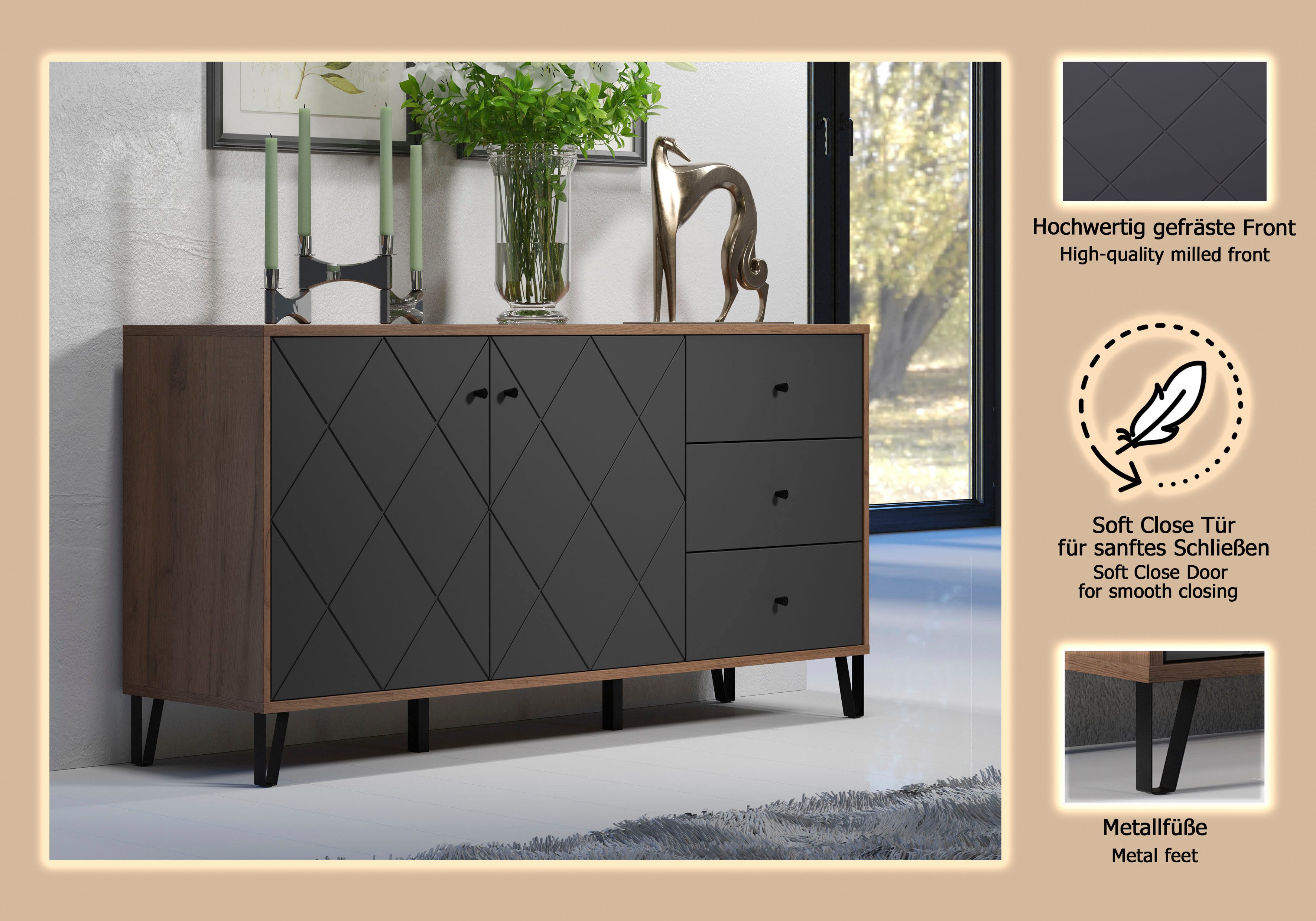 Places of Style Dressoir MOLVENO opvallend design met gestructureerde fronten, soft-closetechniek (1 stuk)