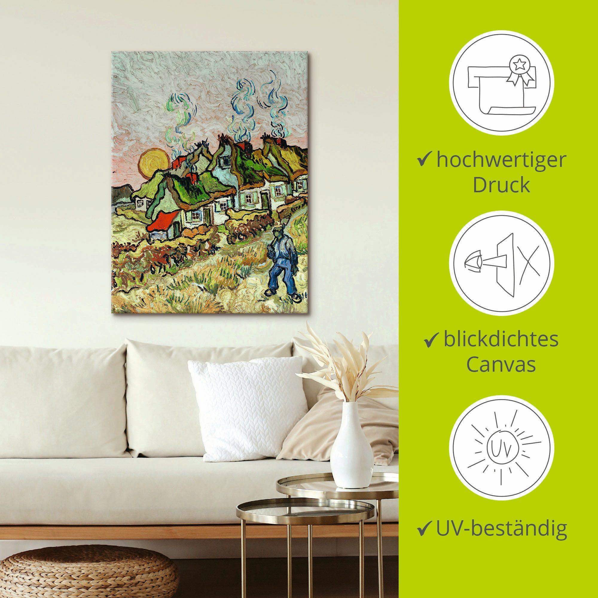 Artland Artprint op linnen Boeren huizen bij zonsondergang