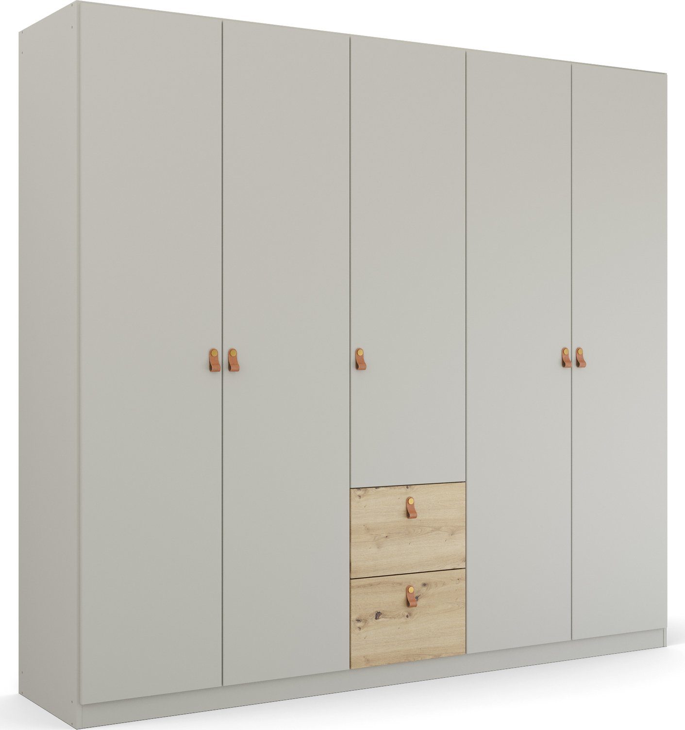 rauch Draaideurkast Homey by Quadra Spin met cognacbruine leren greeplussen, laden in eiken-decor kledingkasten maat 226 cm x 210 cm x 54 cm grijs
