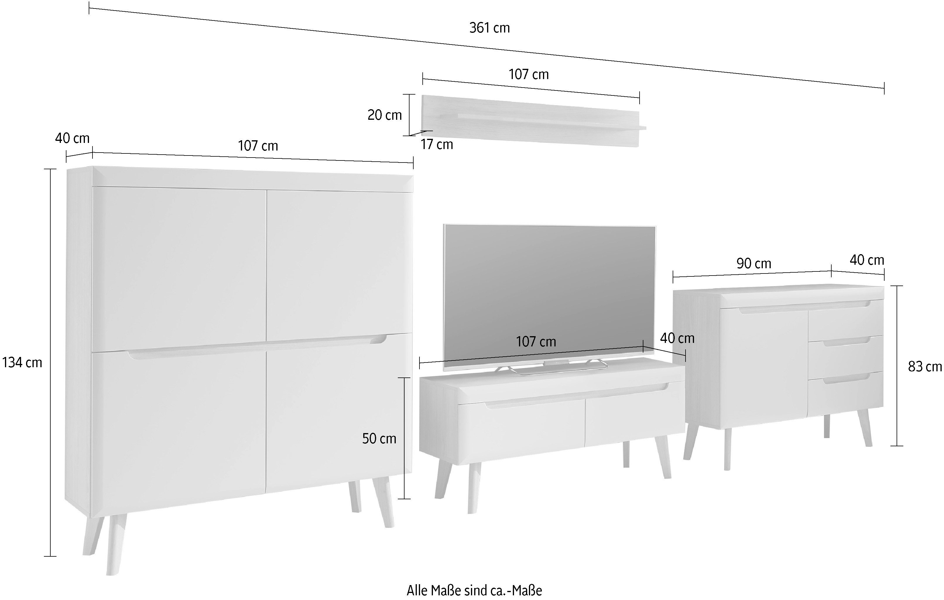 INOSIGN Wandmeubel Torge, wandmeubel, kastwand, mediawand, woonkamer-set bevat lowboard, sideboard, highboard + wandplank, 361 cm breed (4-delig)