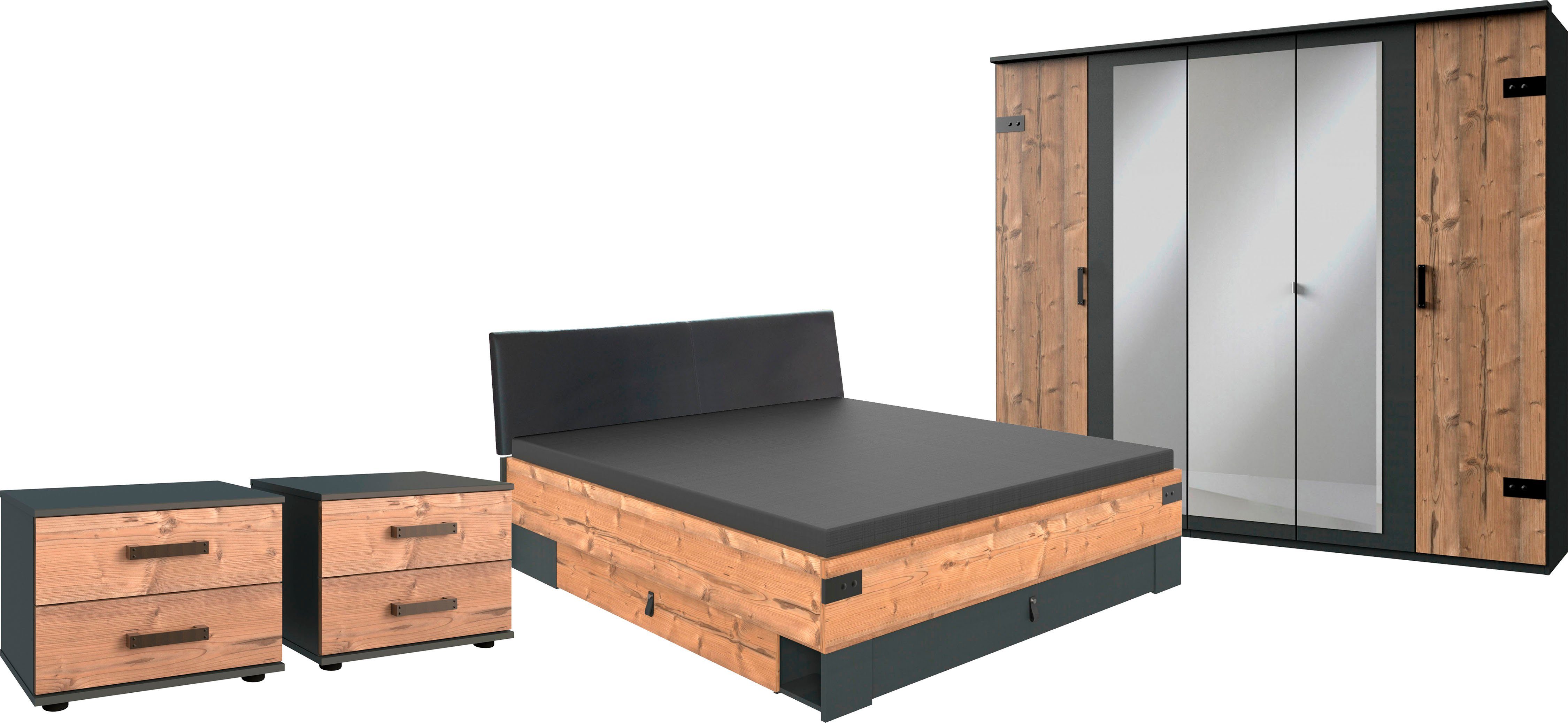Wimex Slaapkamerserie Stockholm, rustieke look in industrieel ontwerp 6-delig, kledingkast met spiegel, bed inclusief lades (set) garderobekasten