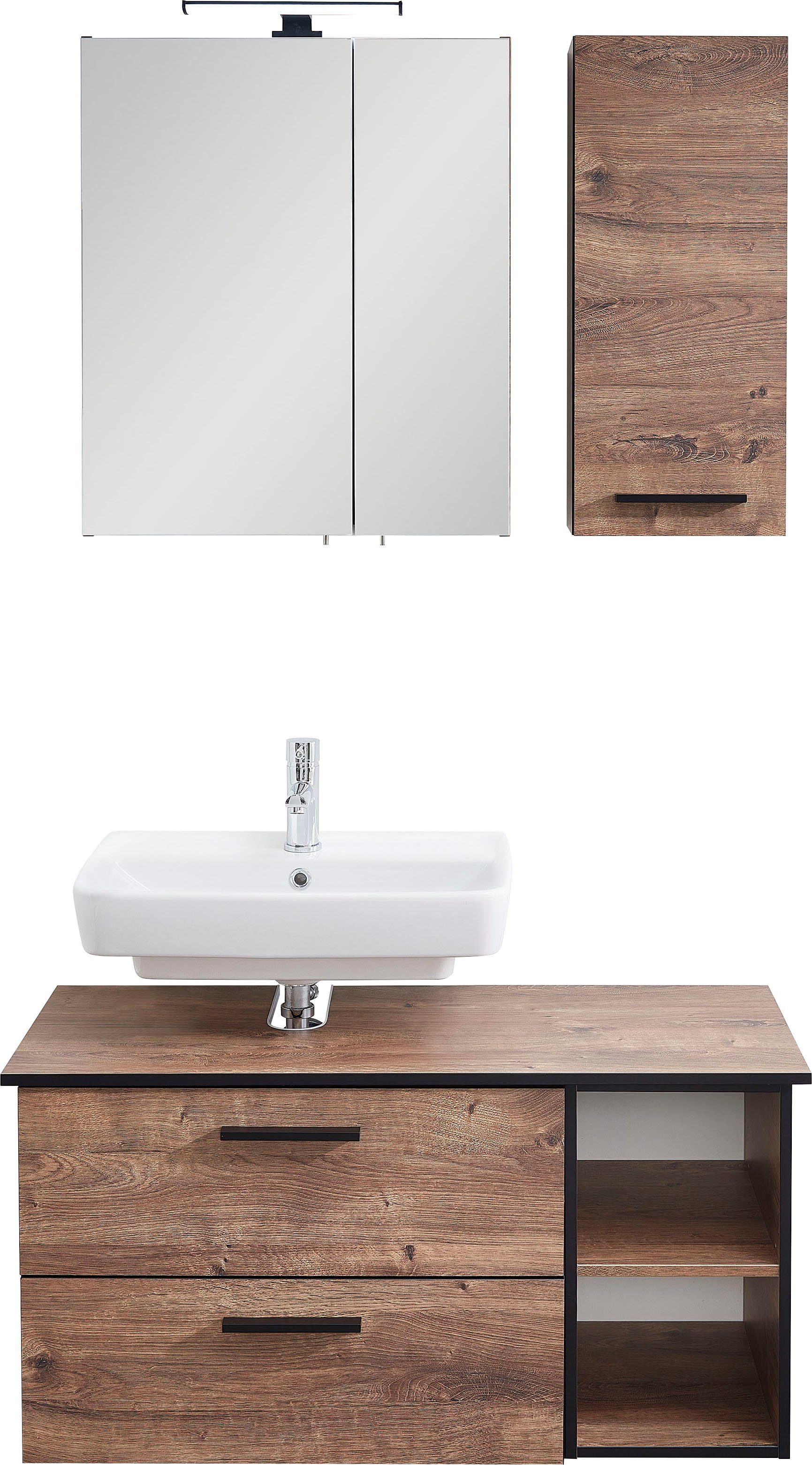 Saphir Badkamerserie Quickset 374 3-delig, wastafelonderkast met LED-spiegelkast 103 cm breed, 4 deuren, 2 laden, 2 open vakken, incl. deurdempers (5-delig)