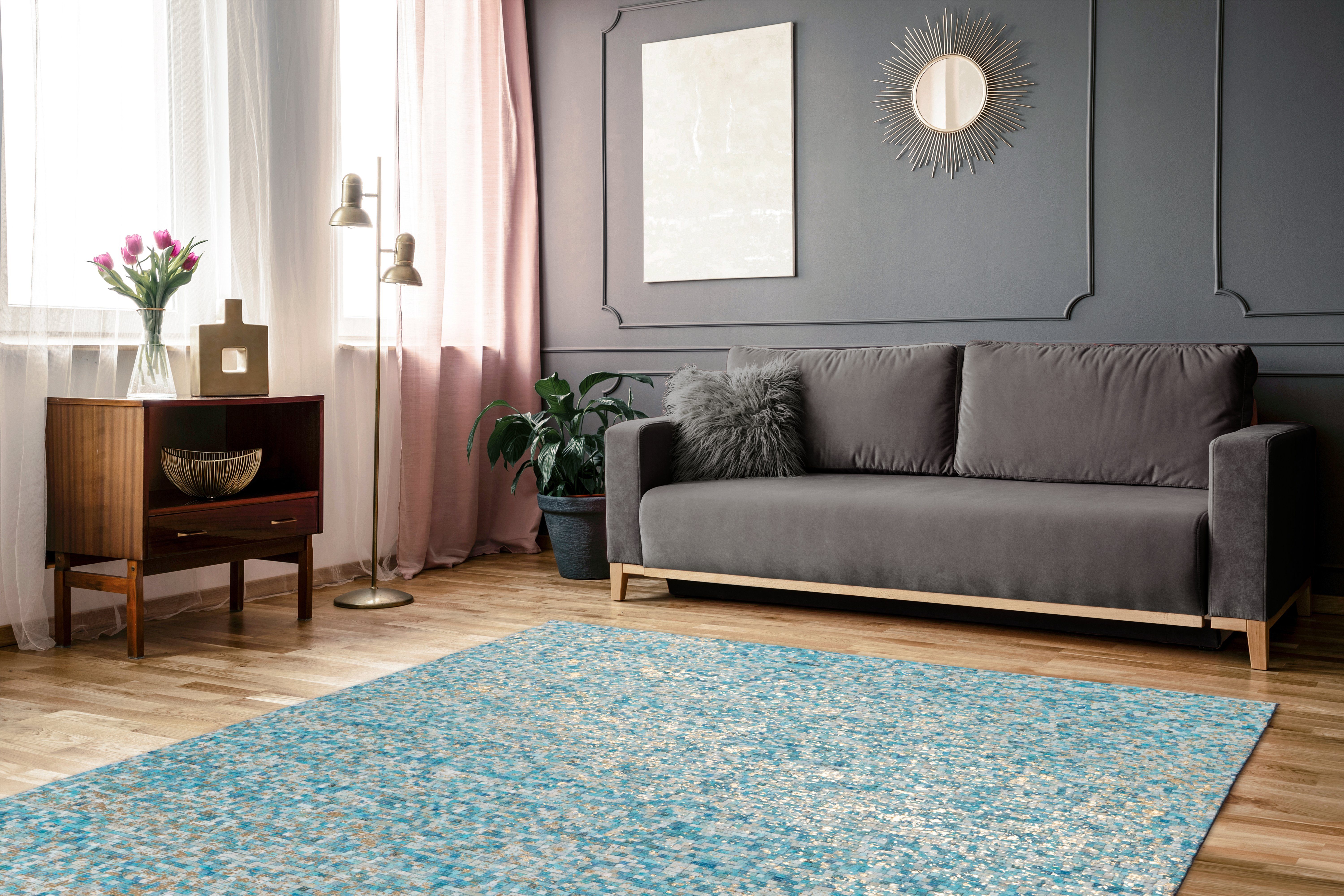 aRTE ESPINA Vloerkleed Finish 100 natuurlijk lederen tapijt, met glanzende metallic kleur, rug van vilt