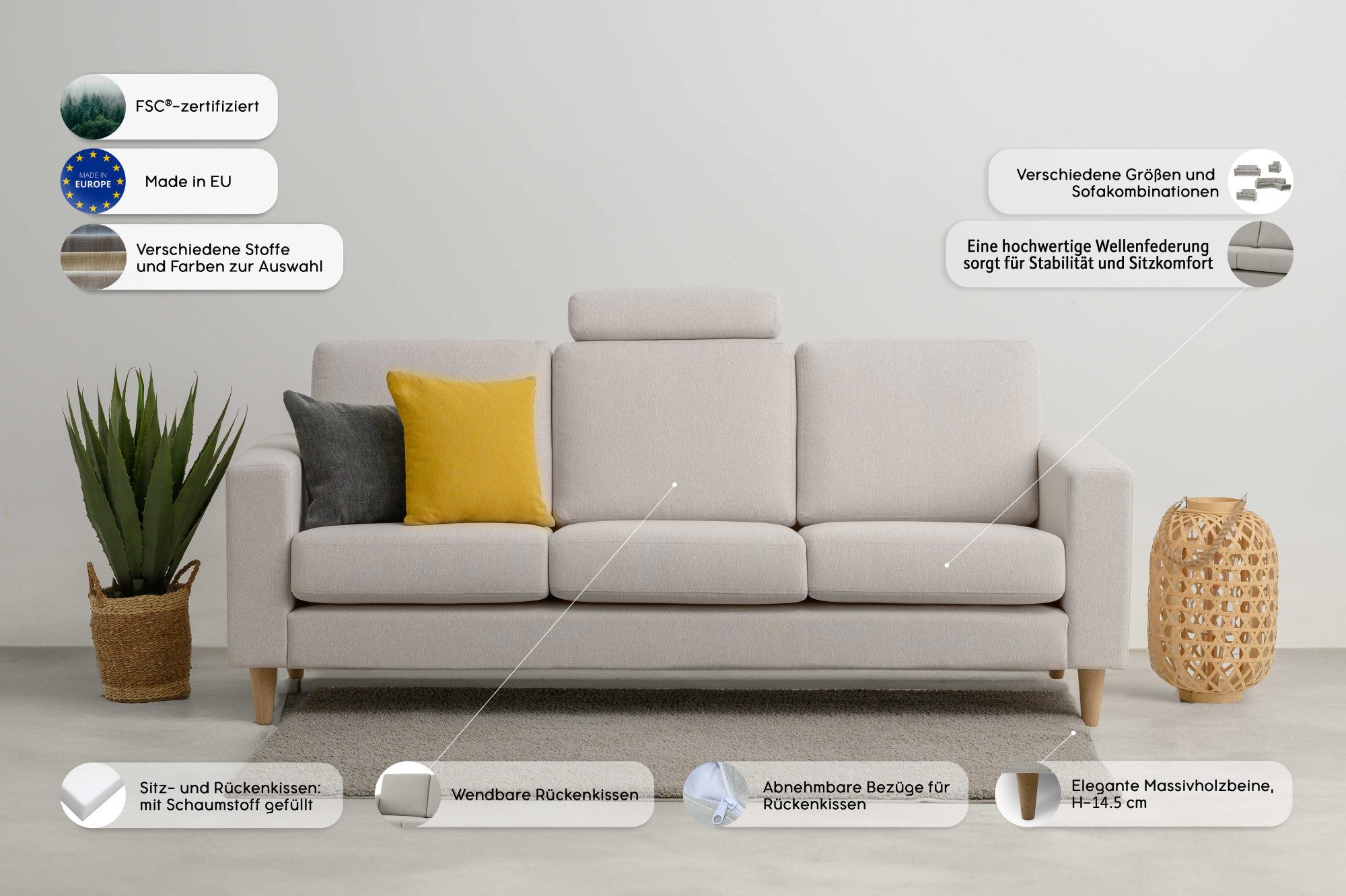 andas 3-zitsbank Tvinno in scandinavische stijl, met massief houten poten, breedte 217 cm