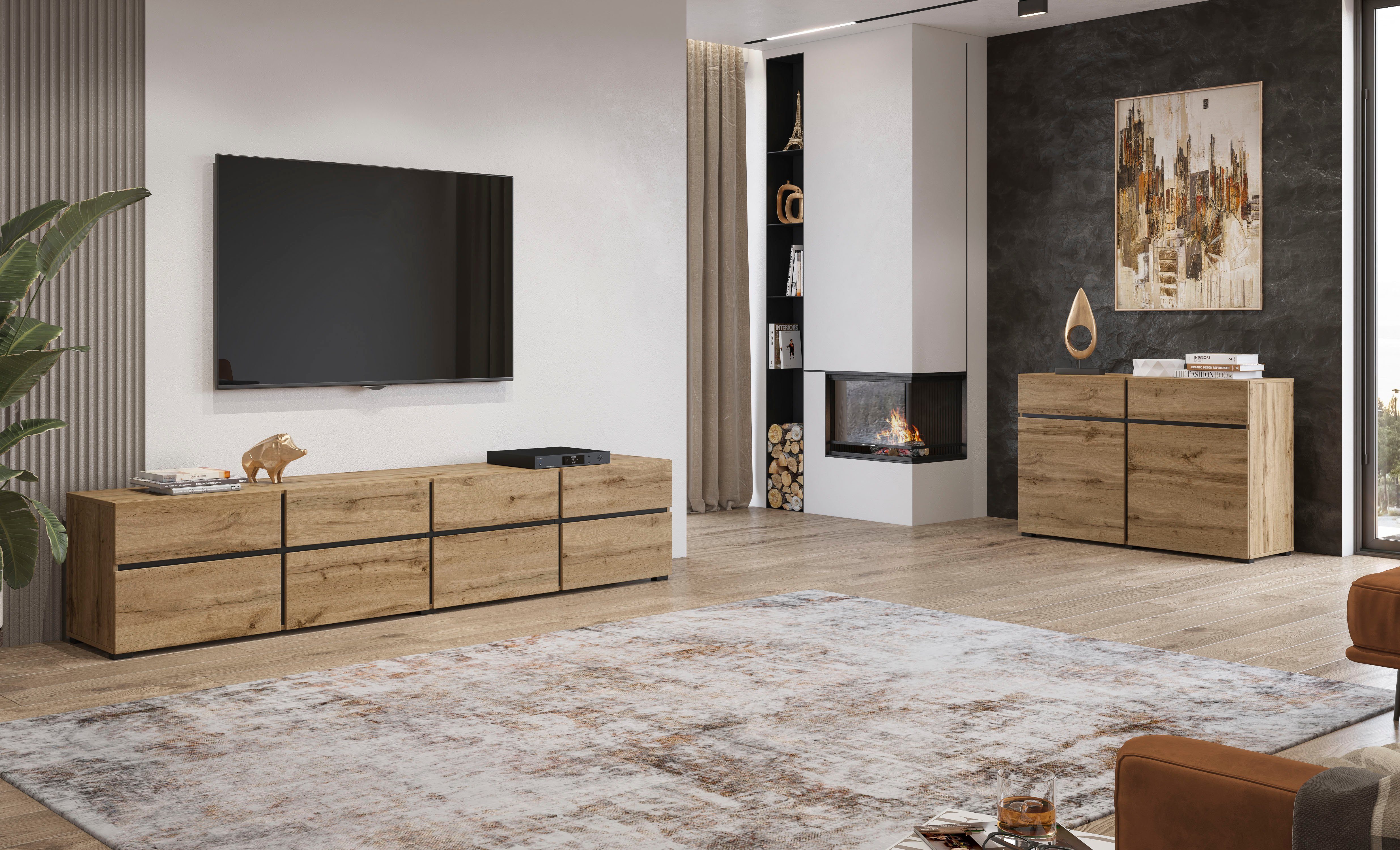 INOSIGN Tv-meubel Cross, moderne greeploze TV-kommode, 4 kleppen/4 lades Breedte 225 cm, tv-kast met veel opbergruimte, tv-meubel