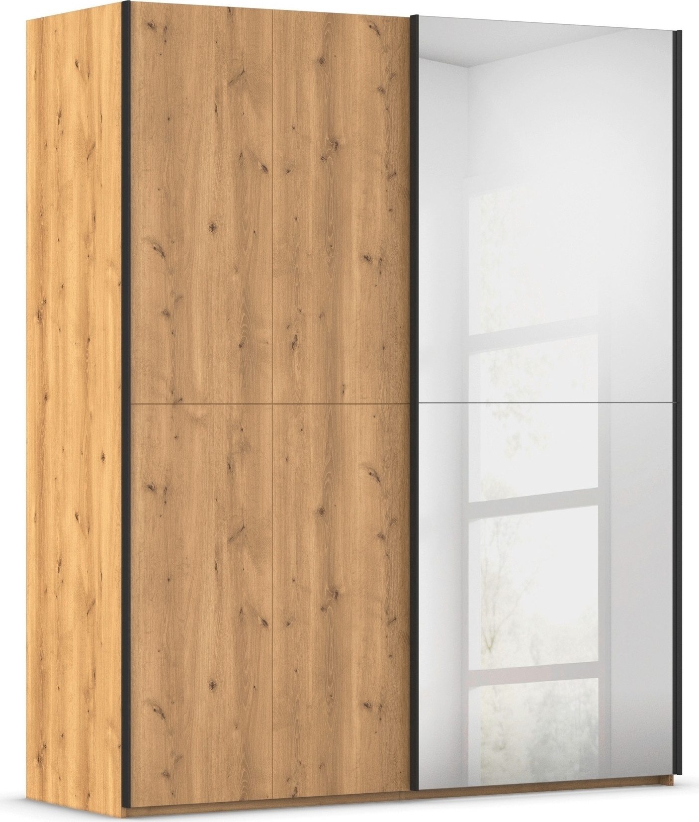 rauch Schuifdeurkast Kledingkast kast garderobe slaapkamerkast SCALE-WOOD edel gesplitste front in massief takken eiken met spiegel made in germany