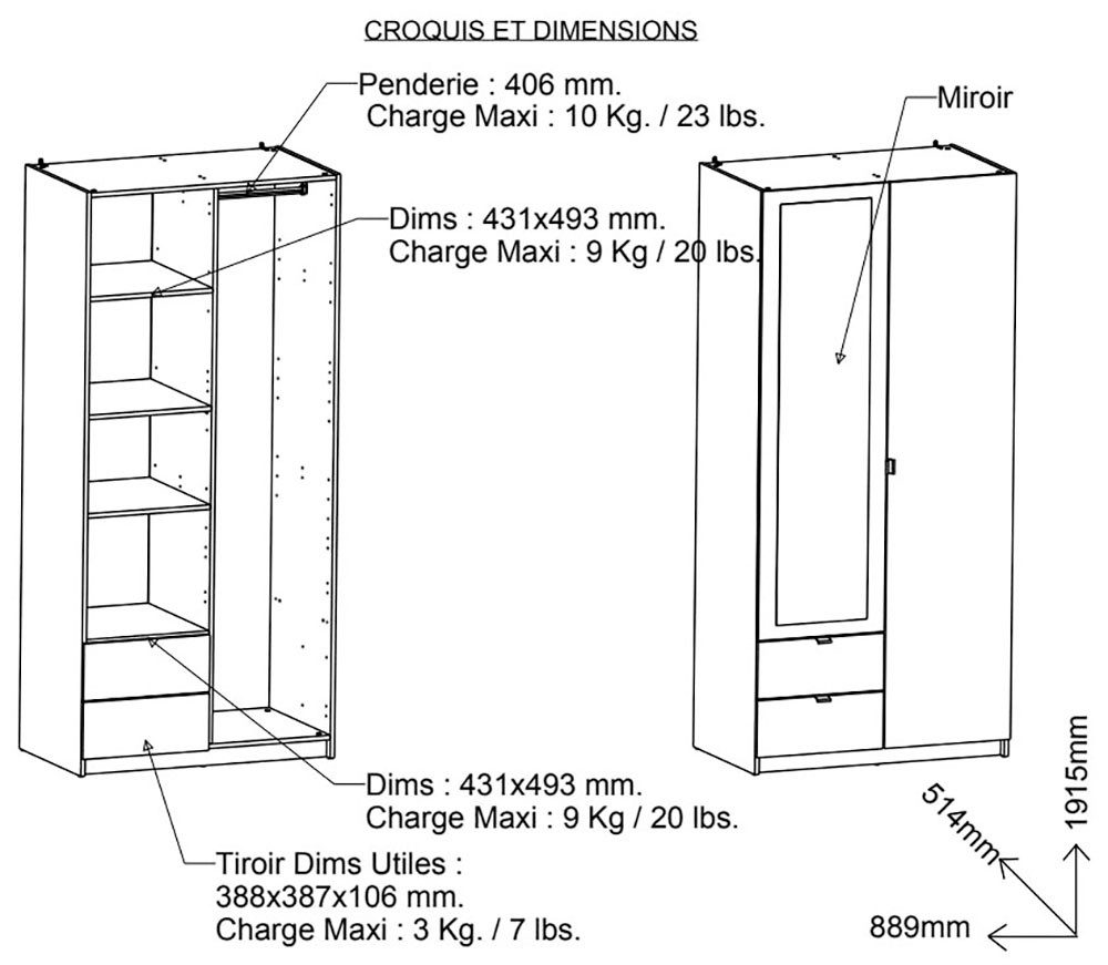 Demeyere GROUP Kledingkast Mellie KAST 2-DEUR 1 SPIEGEL 2 LADES