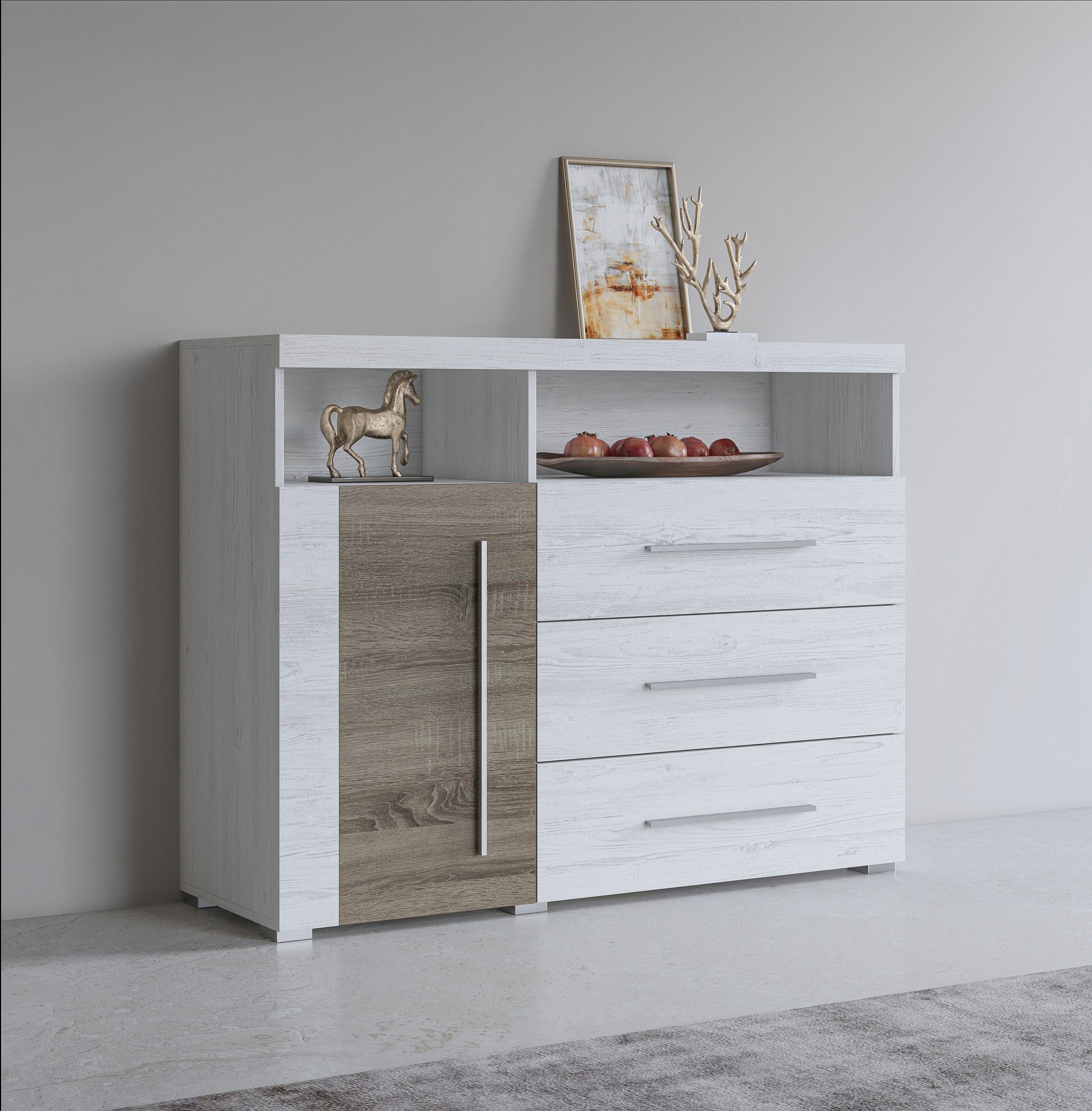 INOSIGN Dressoir Roger, breedte 120 cm, moderne sidetable met 3 laden Commode met veel opbergruimte, afmetingen 120x92x38,5 (B/H/D) dressoirs beige