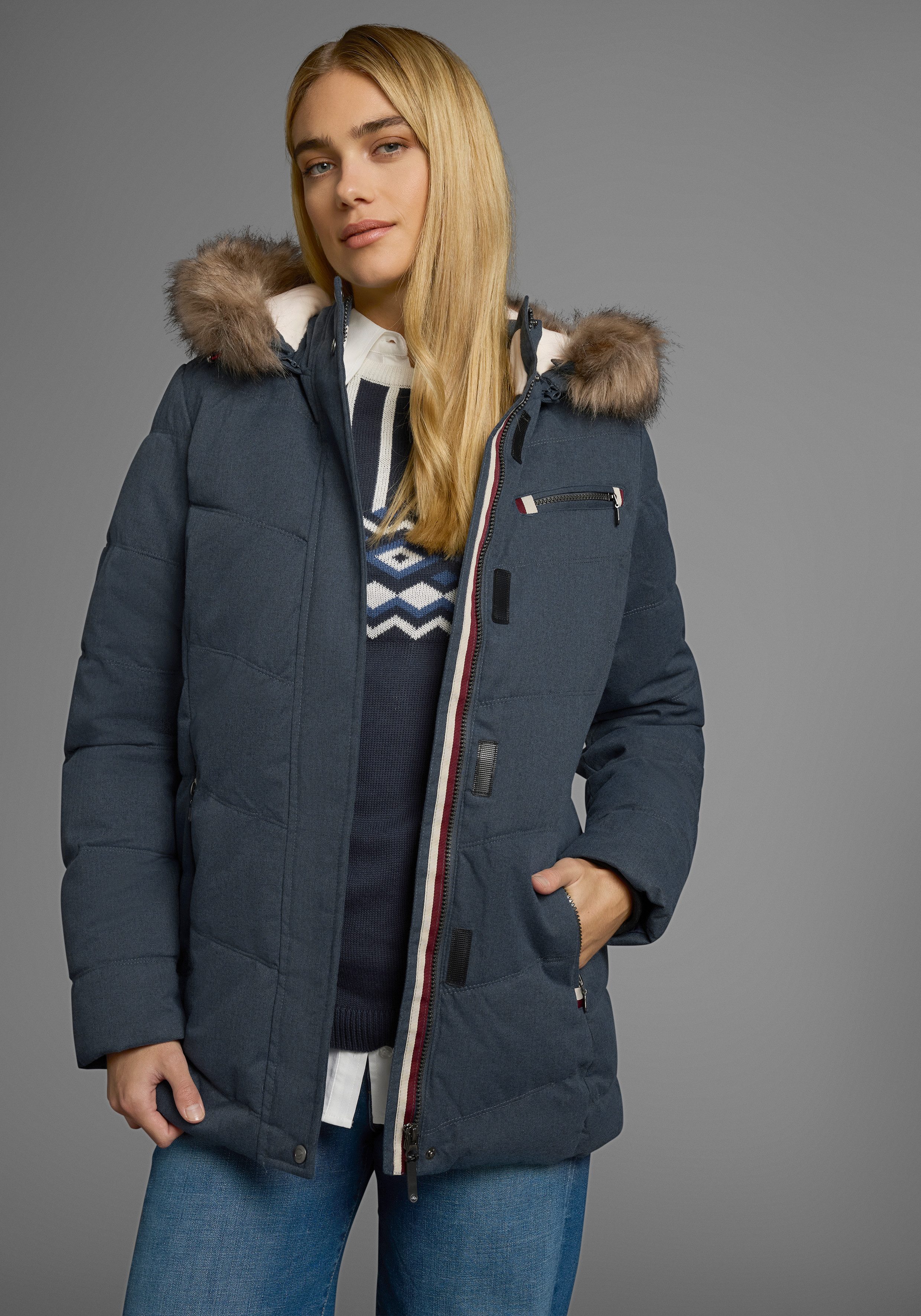 Polarino Gewatteerde jas met afneembare capuchon, met faux fur, veel zakken