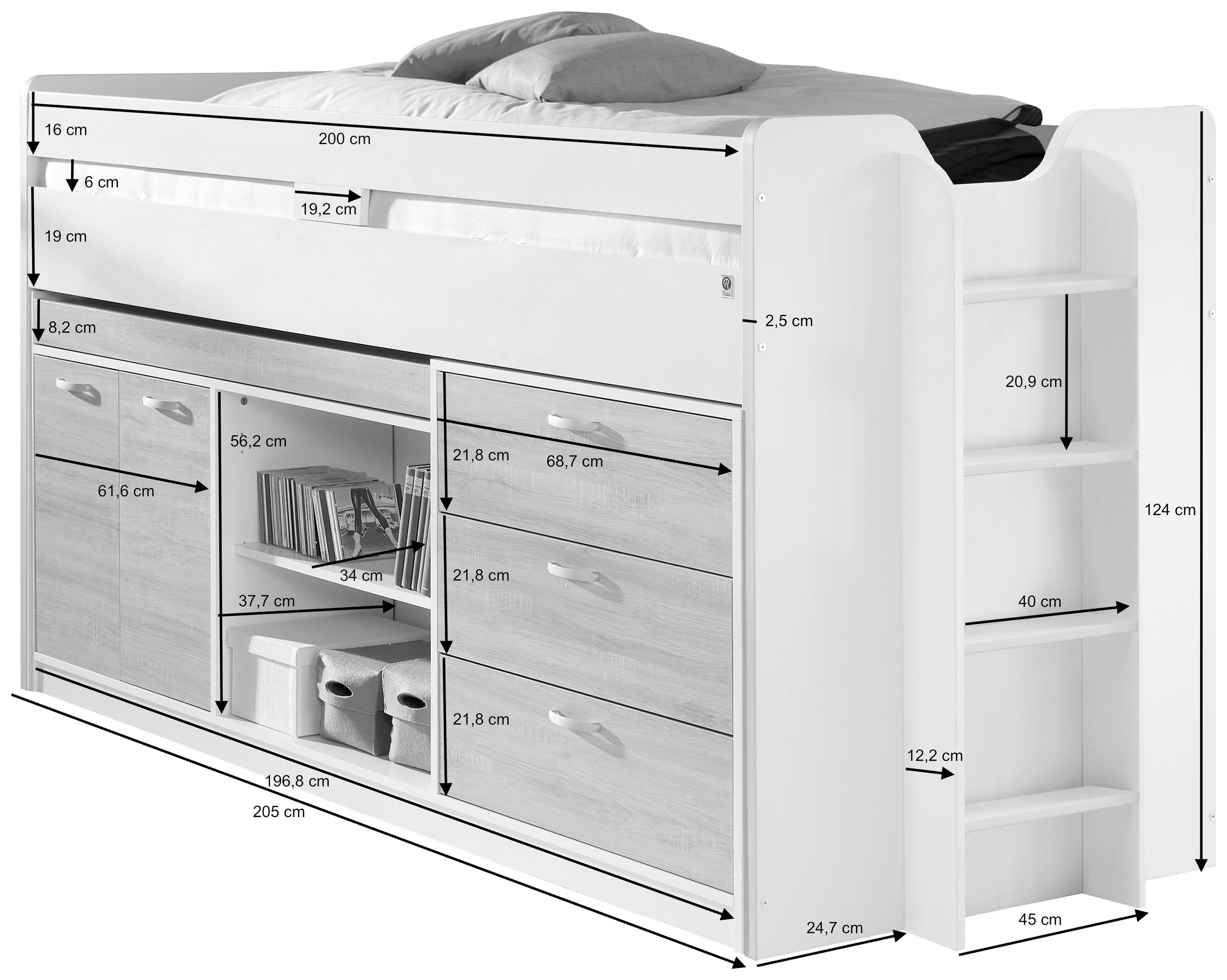 Relita Hoogslaper Ponny Ligoppervlak 90 x 200 cm, met valbeveiliging en opbergruimte, diverse kleuren