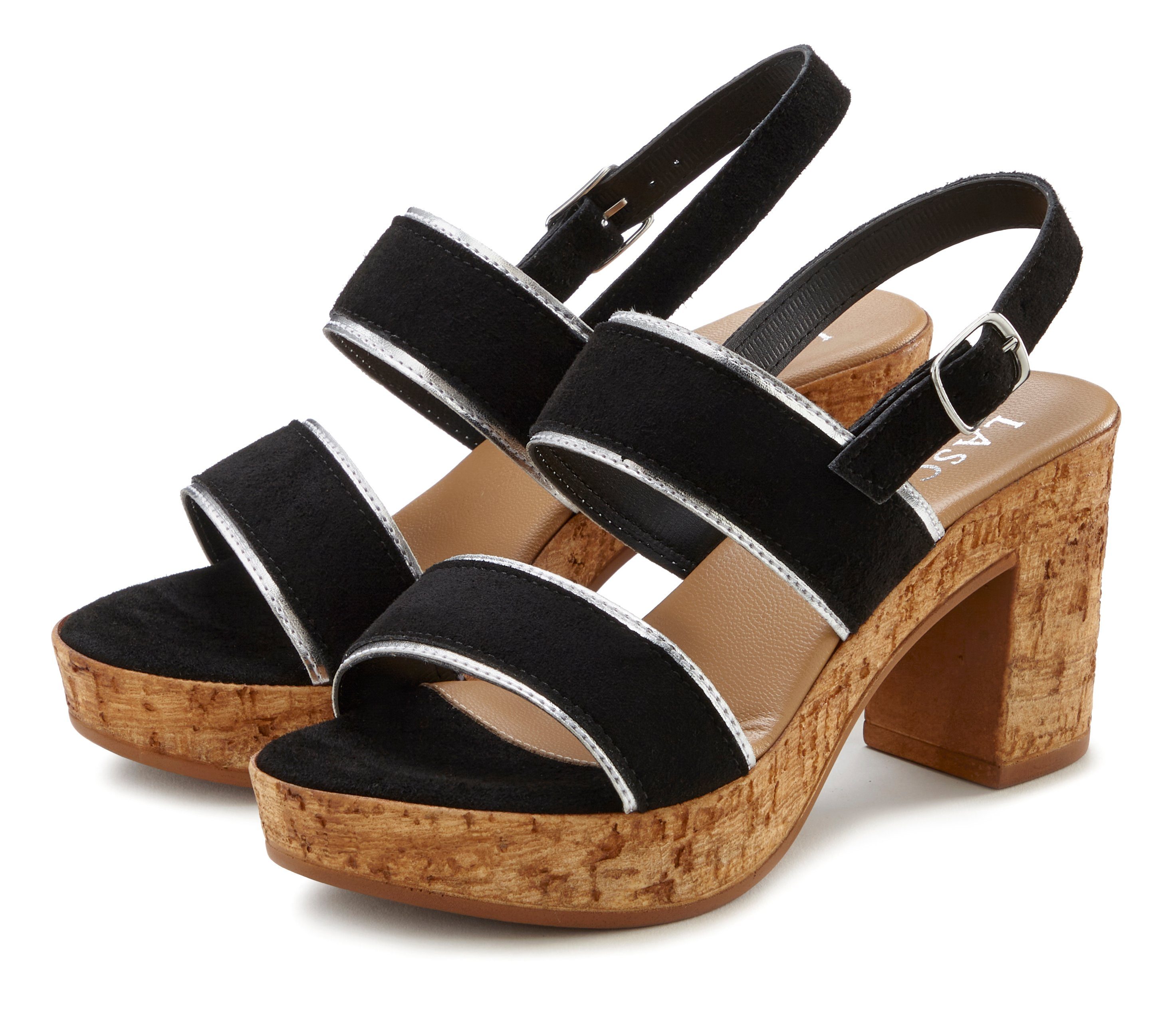 Lascana Sandaaltjes Bandjesandalen, sandalen, zomerschoenen van leer met kurken voetbed en plateau en blokhak dames sandaaltjes maat 41 EU zwart
