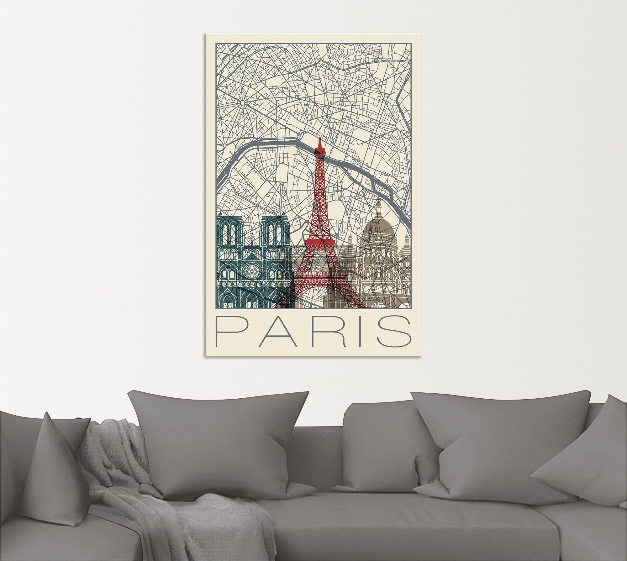 Artland Artprint Retro kaart Parijs Frankrijk en skyline als artprint van aluminium, artprint voor buiten, poster in diverse formaten