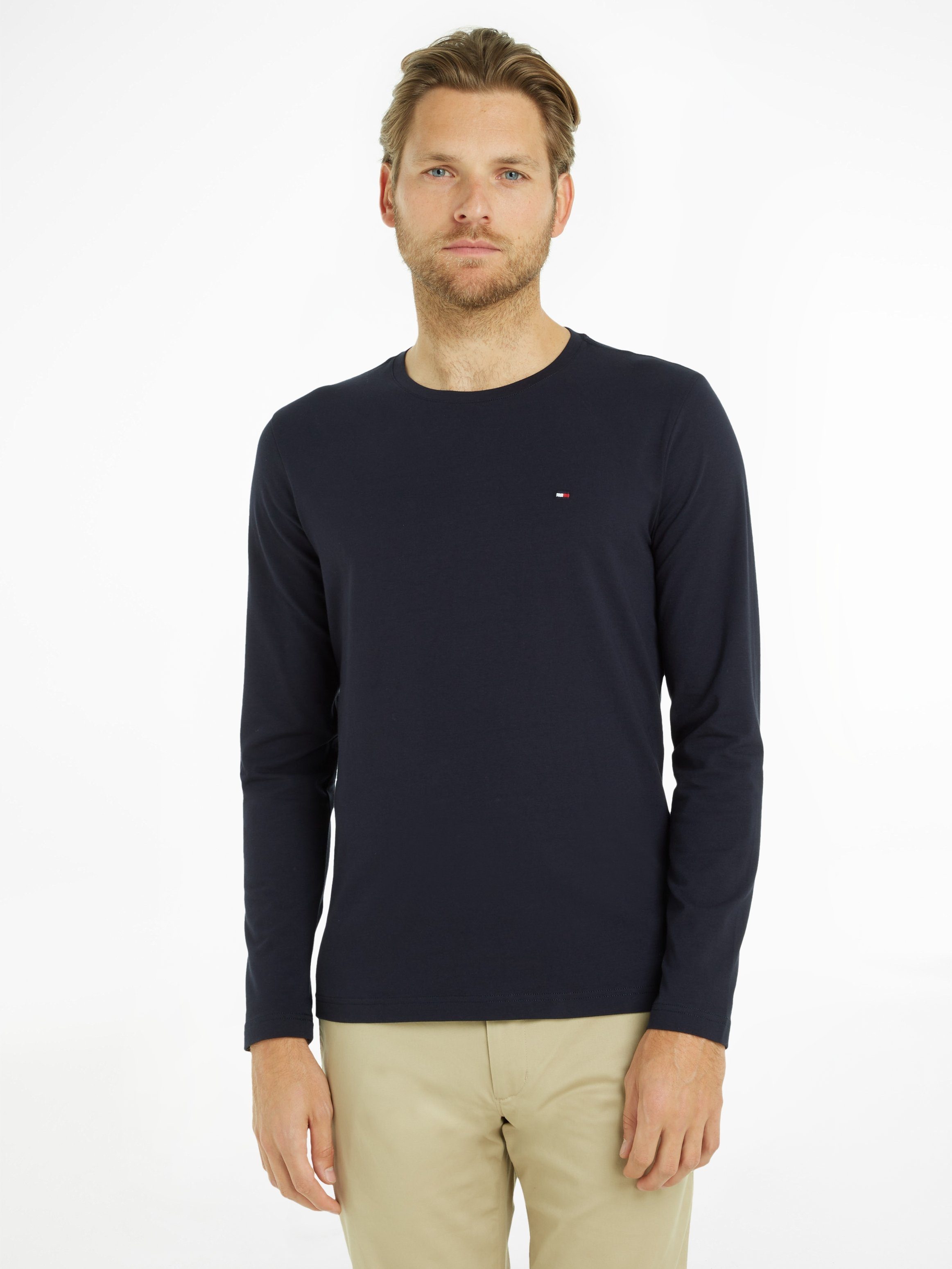 Tommy Hilfiger Shirt met lange mouwen STRETCH SLIM FIT LONG SLEEVE van biologische katoen-stretch heren ronde hals maat XXXL (58) blauw