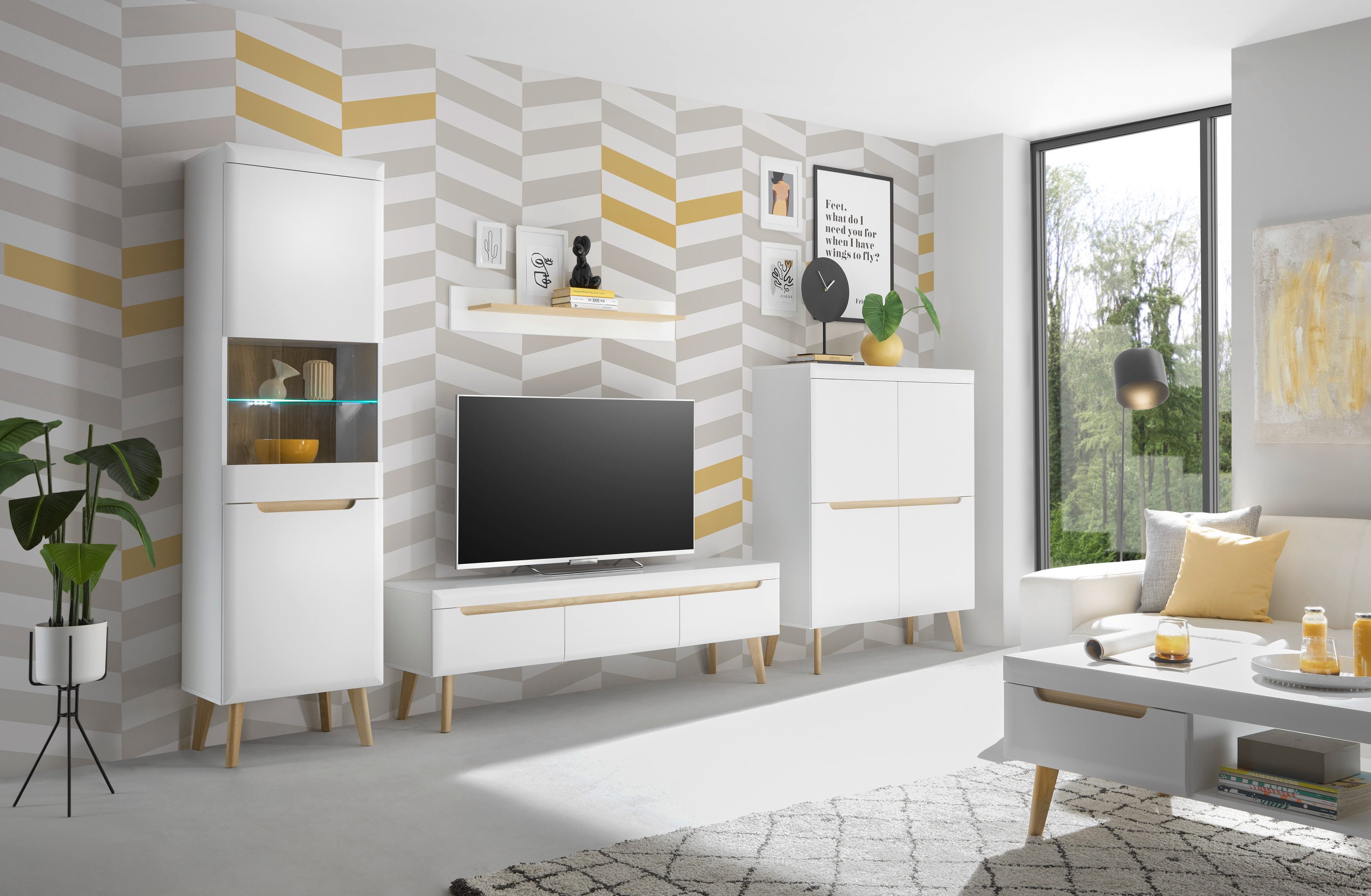 INOSIGN Wandmeubel Torge, wandmeubel, kastwand, mediawand, woonkamer-set bevat 1 vitrine, 1 lowboard, 1 highboard + 1 wandplank, 360 cm breed (set, 4-delig)