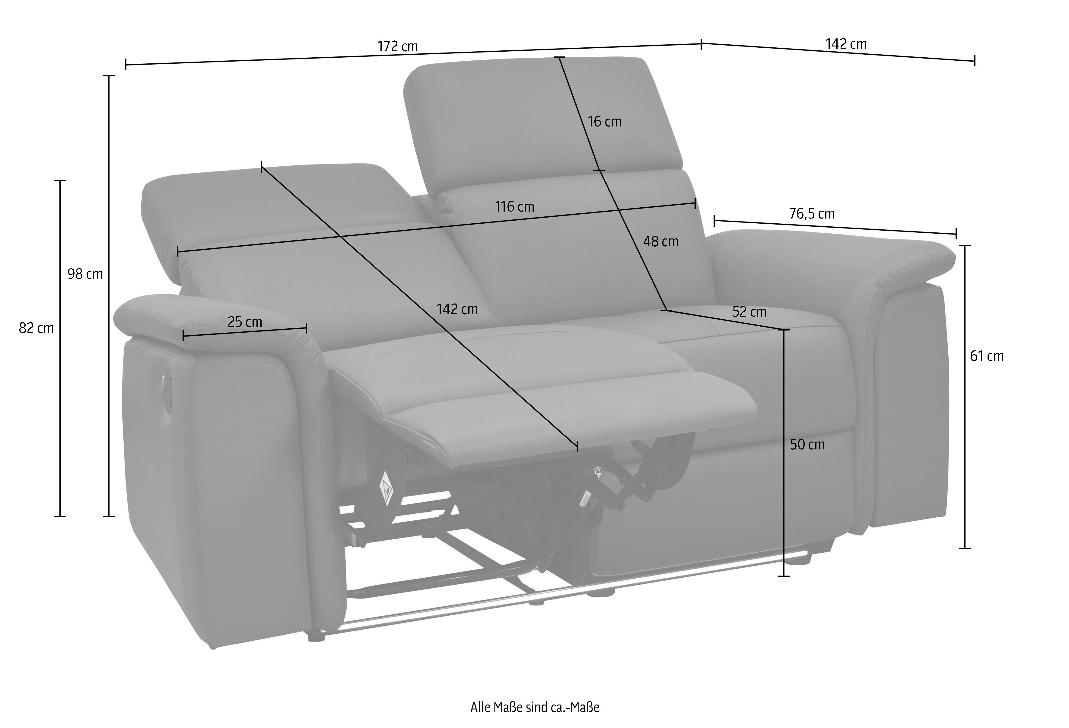 Places of Style 2-zitsbank Pareli 172 cm, handmatige en elektrische relaxfunctie USB, hoofdsteunverstelling, LED, in echt leer, kunstleer, web