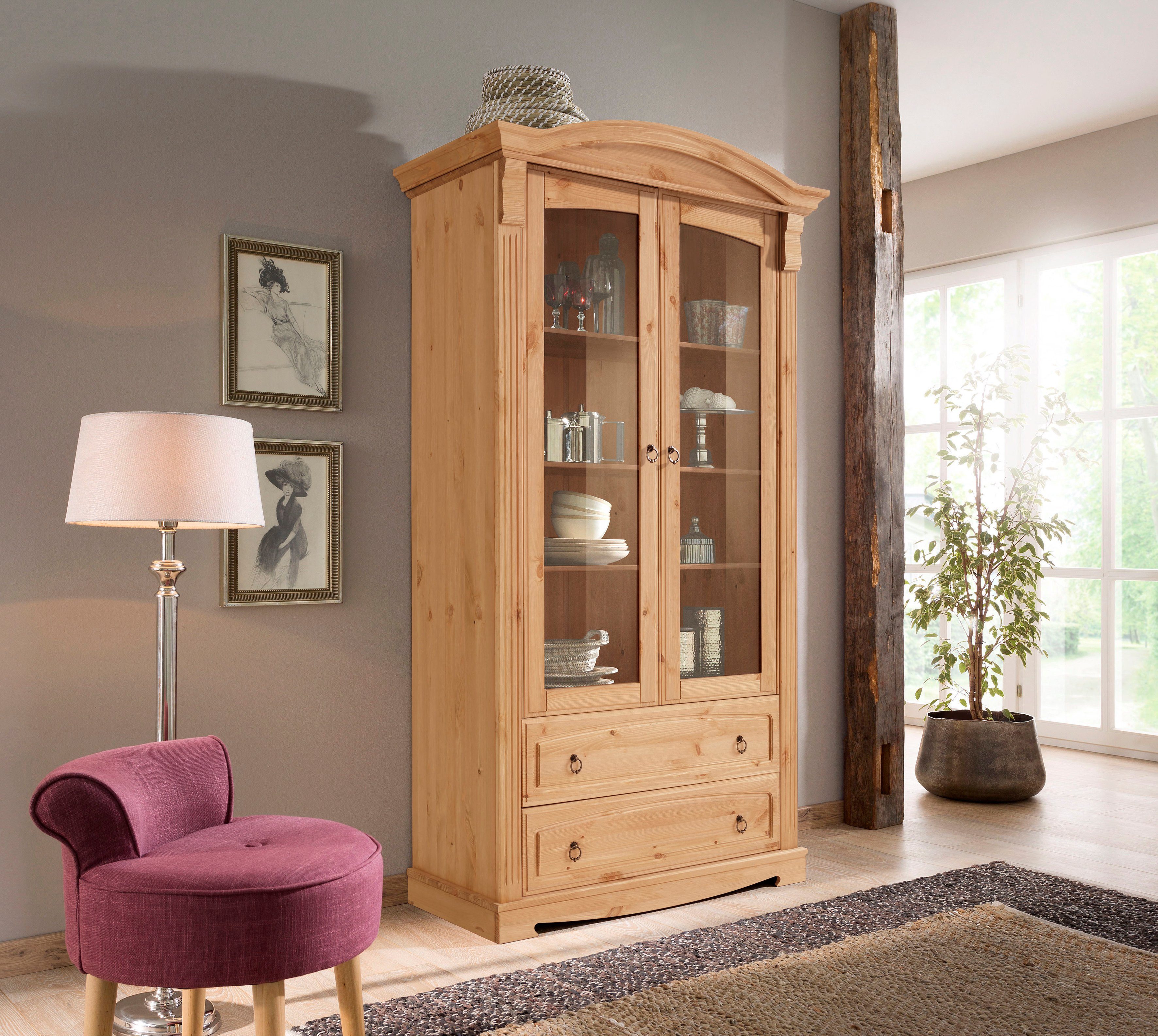 Home affaire Vitrinekast ANNA Hoogte 187 cm, breedte 100 cm, metalen handgrepen, van massief grenen, FSC®