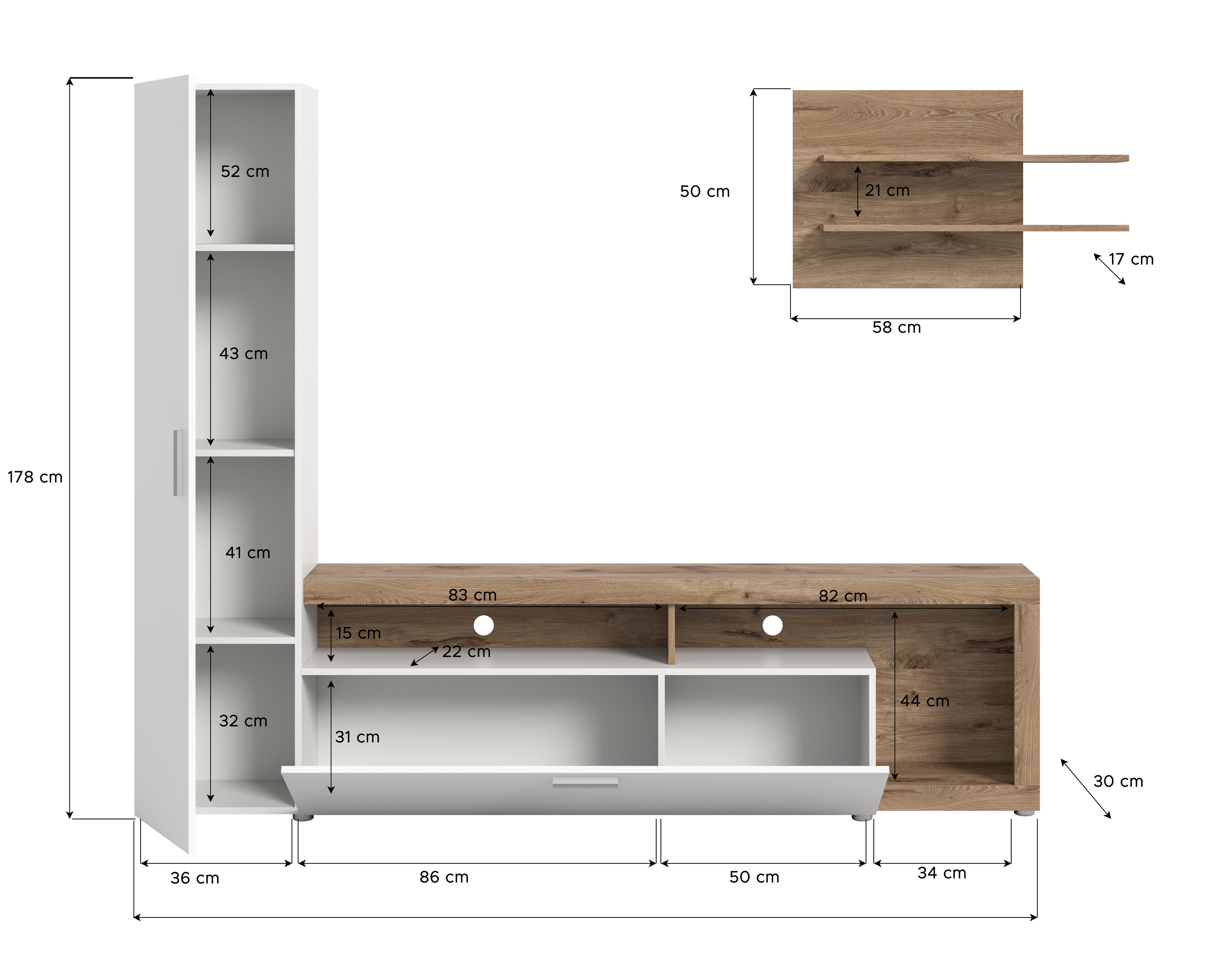 INOSIGN Wandmeubel Kryss, Breedte 218cm, bestaat uit: Hoge kast, Lowboard, Wandplank Woonwand, mediawand, TV-wand, wooncombinatie, combinatie, TV-meubels (3-delig)