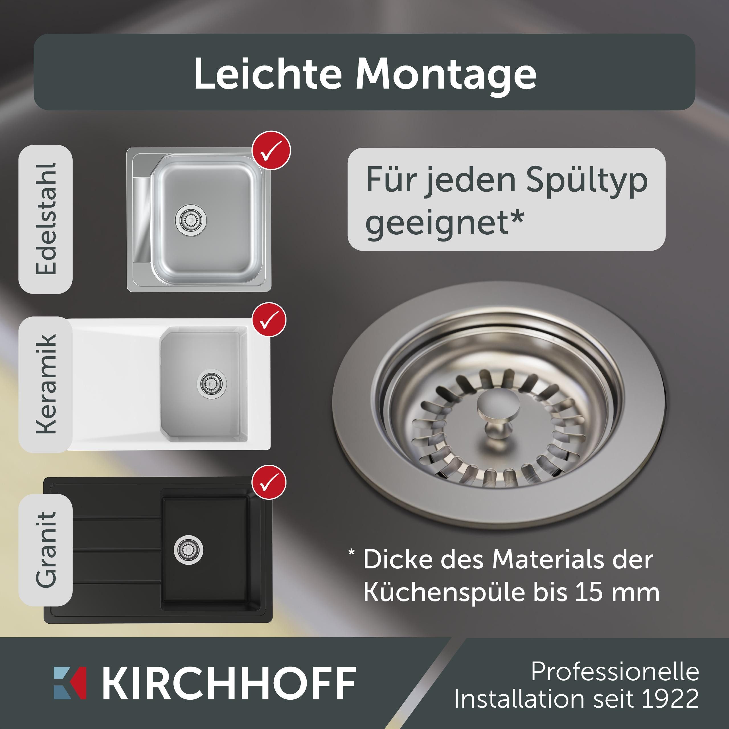 Kirchhoff Afvoerzeef Afvoerplug met overloopaansluiting + draaibevestiging, bowdenkabel, edelstaal
