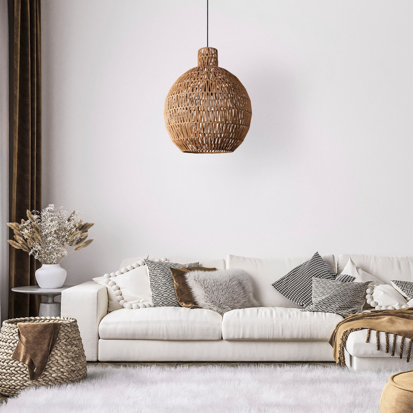 Paco Home Hanglamp Ulla Lamp papier pendellamp rustiek mand LED Boho rattan look E27