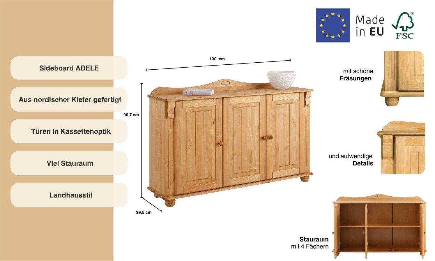 Home affaire Dressoir ADELE Commode, 3-deurs, breedte 130 cm, van massief dennenhout, FSC®