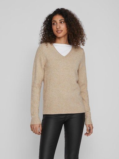 Vila Trui met V-hals VIRIL V-NECK L/S KNIT TOP - NOOS dames truien met v-hals maat XS (34) beige