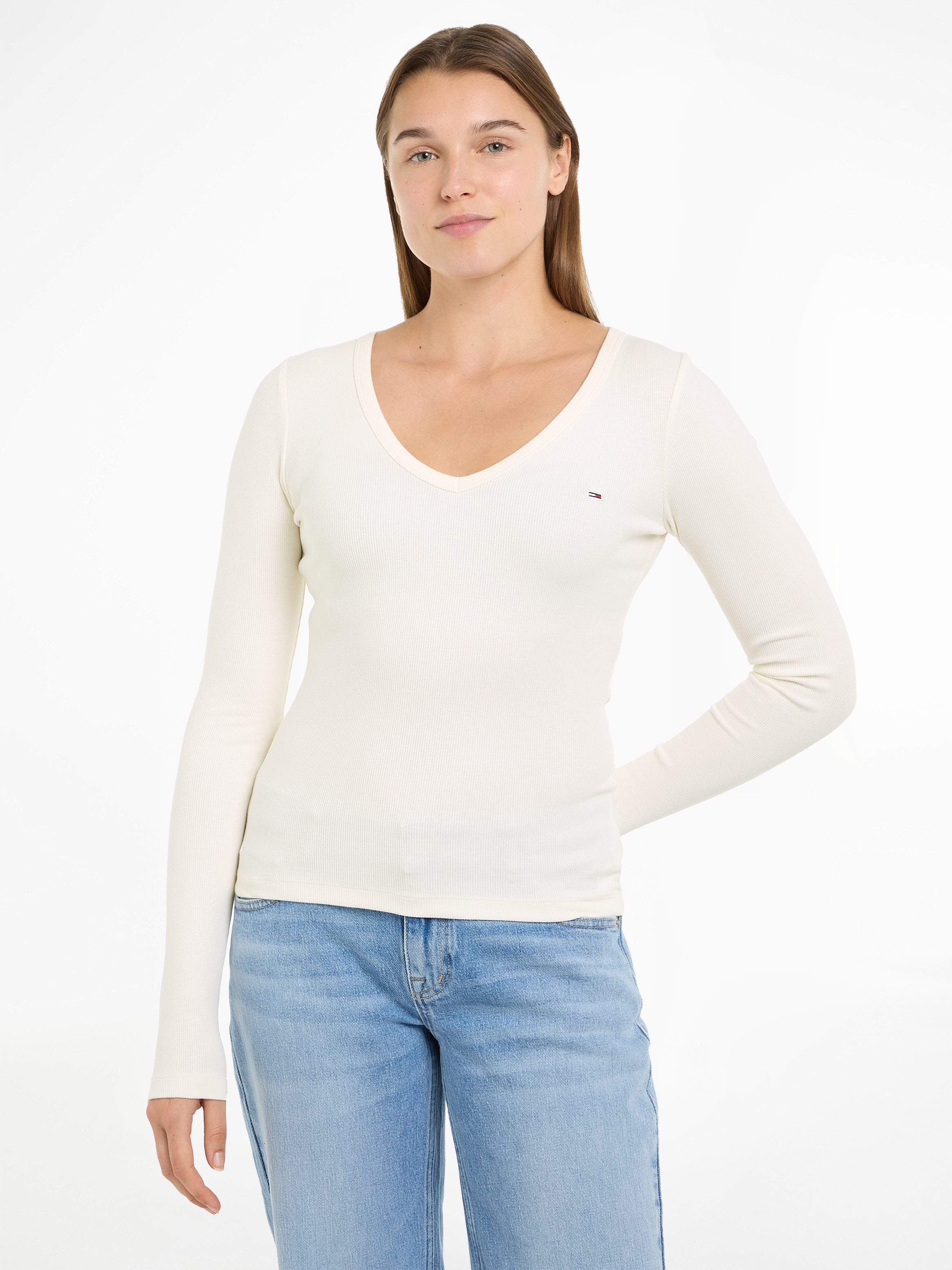 TOMMY JEANS Shirt met lange mouwen TJW SLIM ESSENTIAL RIB V LS in ribstructuur, met logostik