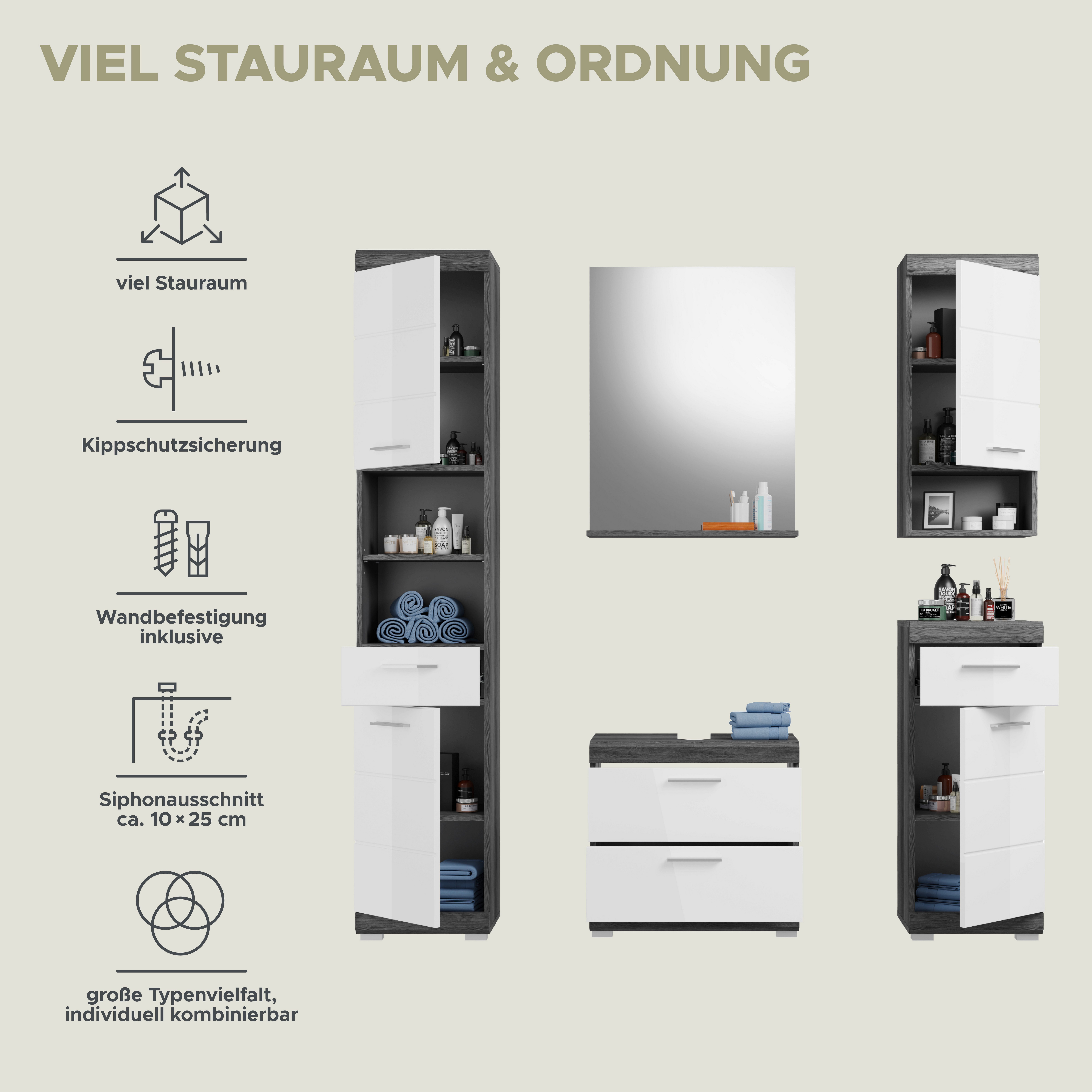 INOSIGN Badmeubelset Siena, 5-delig, bestaande uit: Hoge kast, WBU, spiegel, onderkast, hangkast (set, 5 stuks)
