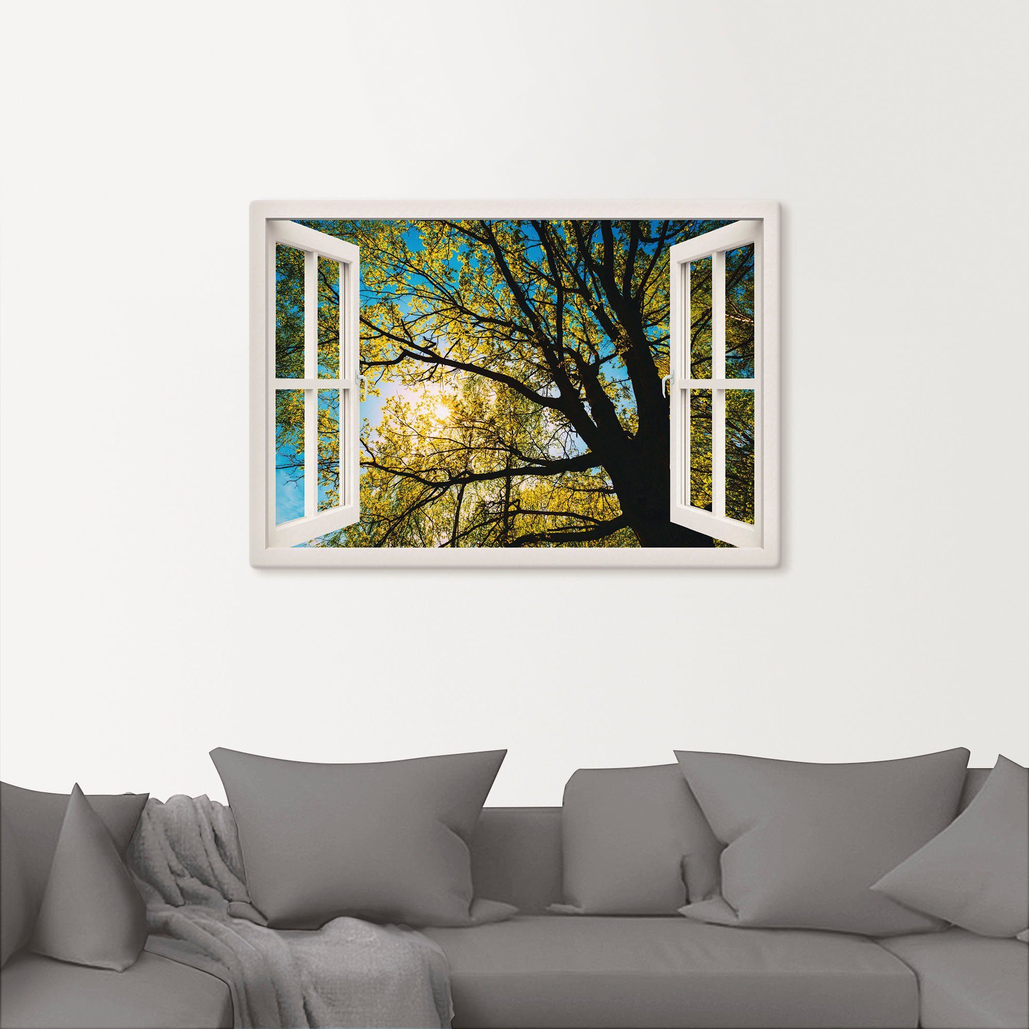 Artland Artprint Blik uit het venster lentezon boomkruin als artprint op linnen, poster in verschillende formaten maten