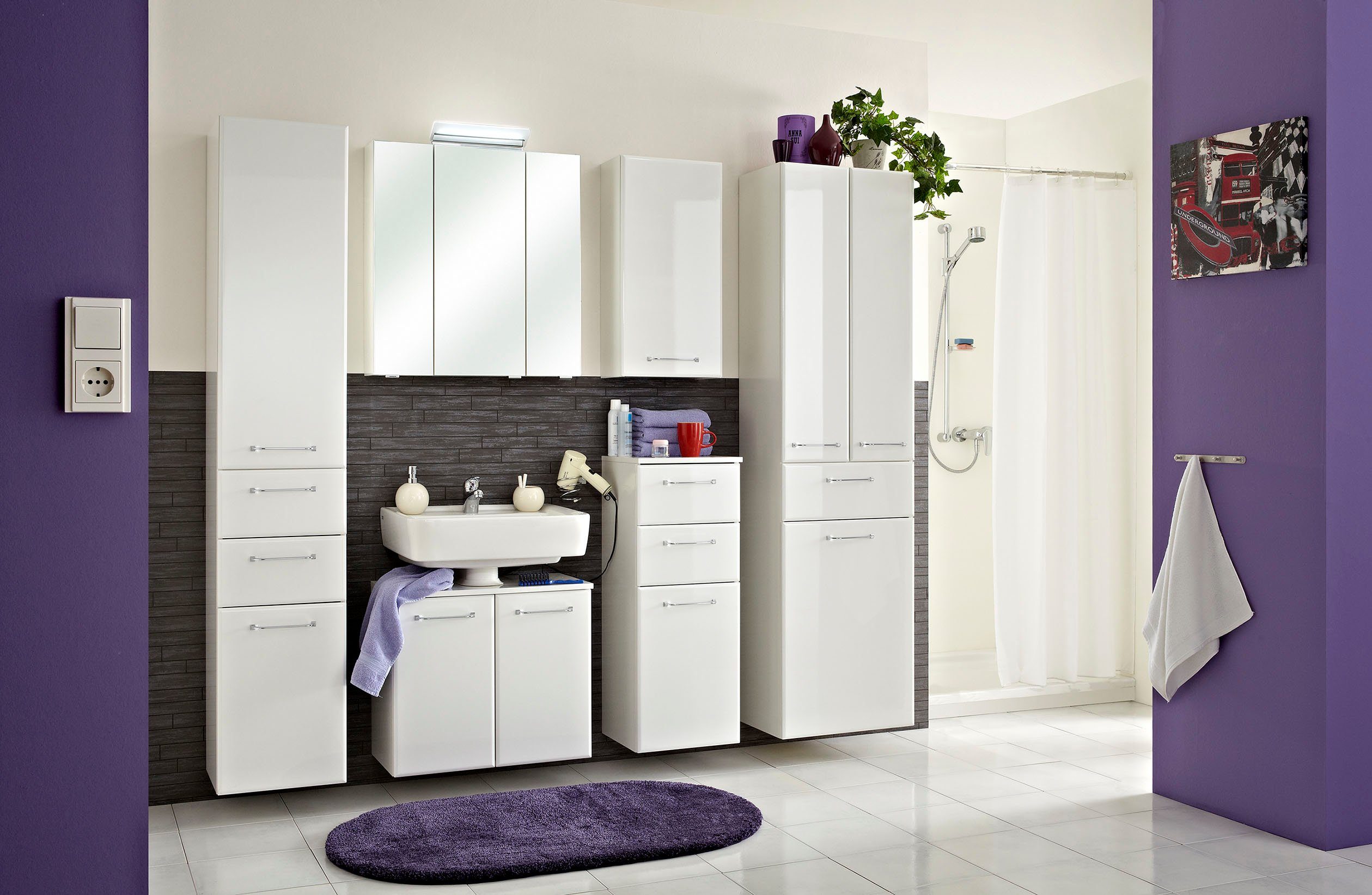 Saphir Hoge kast Quickset badkamermeubel 50 cm breed, 2 deuren, 1 lade, 1 waslade Hoge badkamerkast inclusief deurdemper, grepen in glanzend chroom