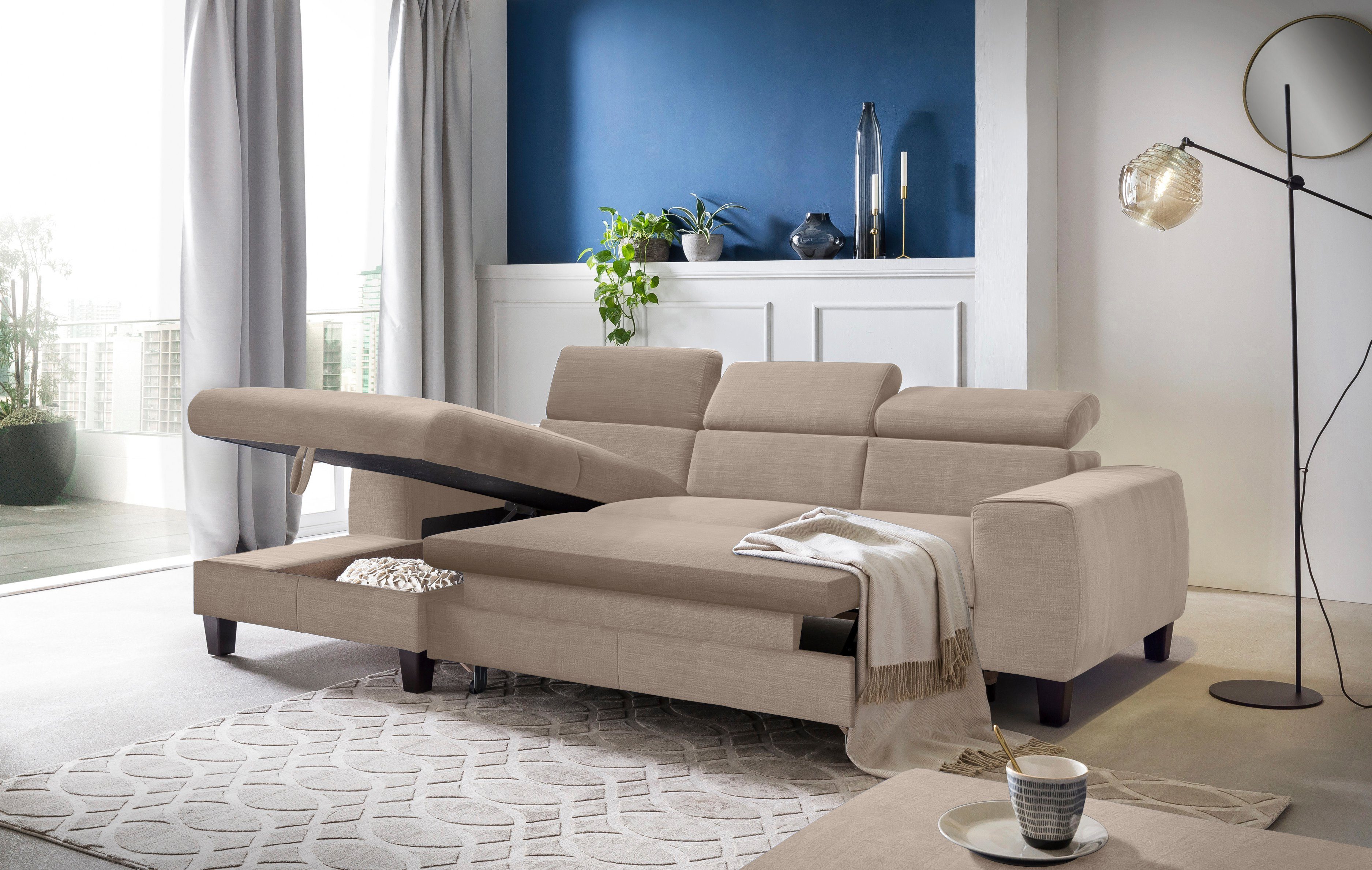 COTTA Hoekbank Morven L-vorm met hoofdeindeverstelling keuze met bedfunctie, bedlade & draadloze oplader