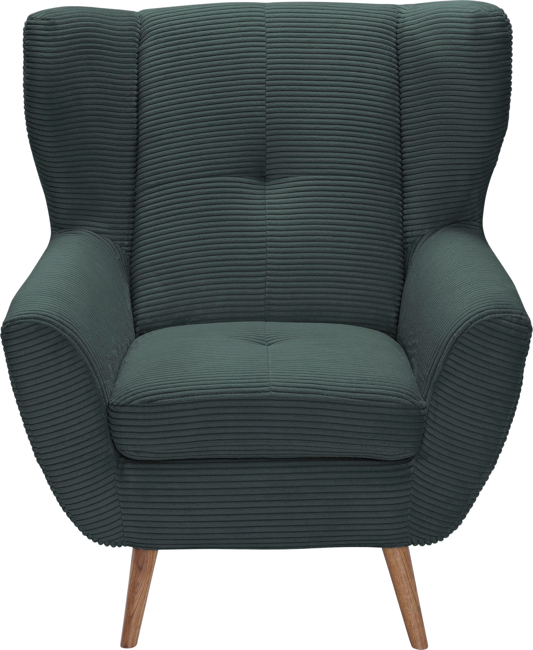 exxpo - sofa fashion Fauteuil ALVESTA, oortstoel, loungesofa met hoog zitcomfort gezellige rugleuning, met knoopstiksels en hoge houten voeten, in cord