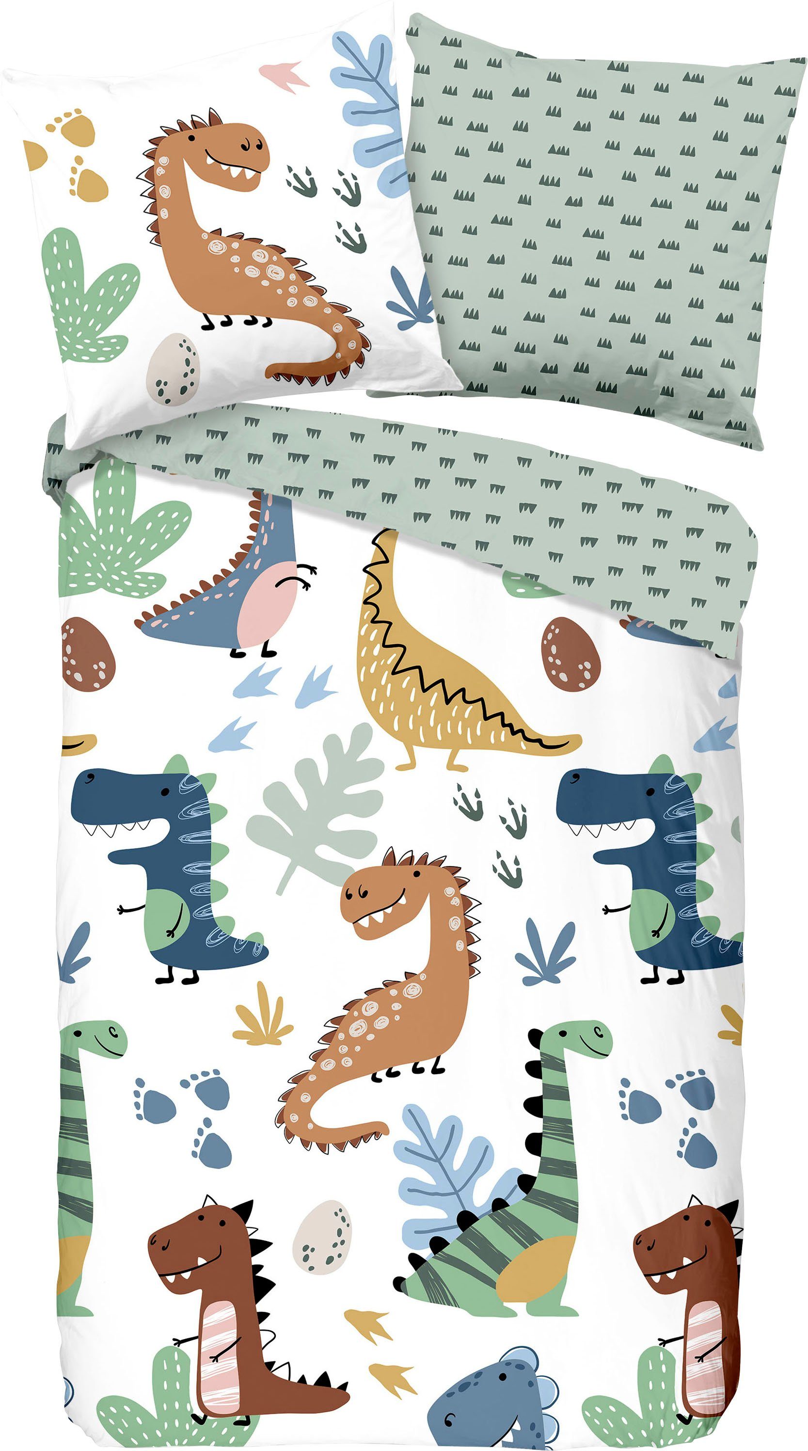good morning Baby beddengoed Dino 100% katoen, renforcé, rits, omkeerbare uitstraling, baby jongen, dino (2-delig)