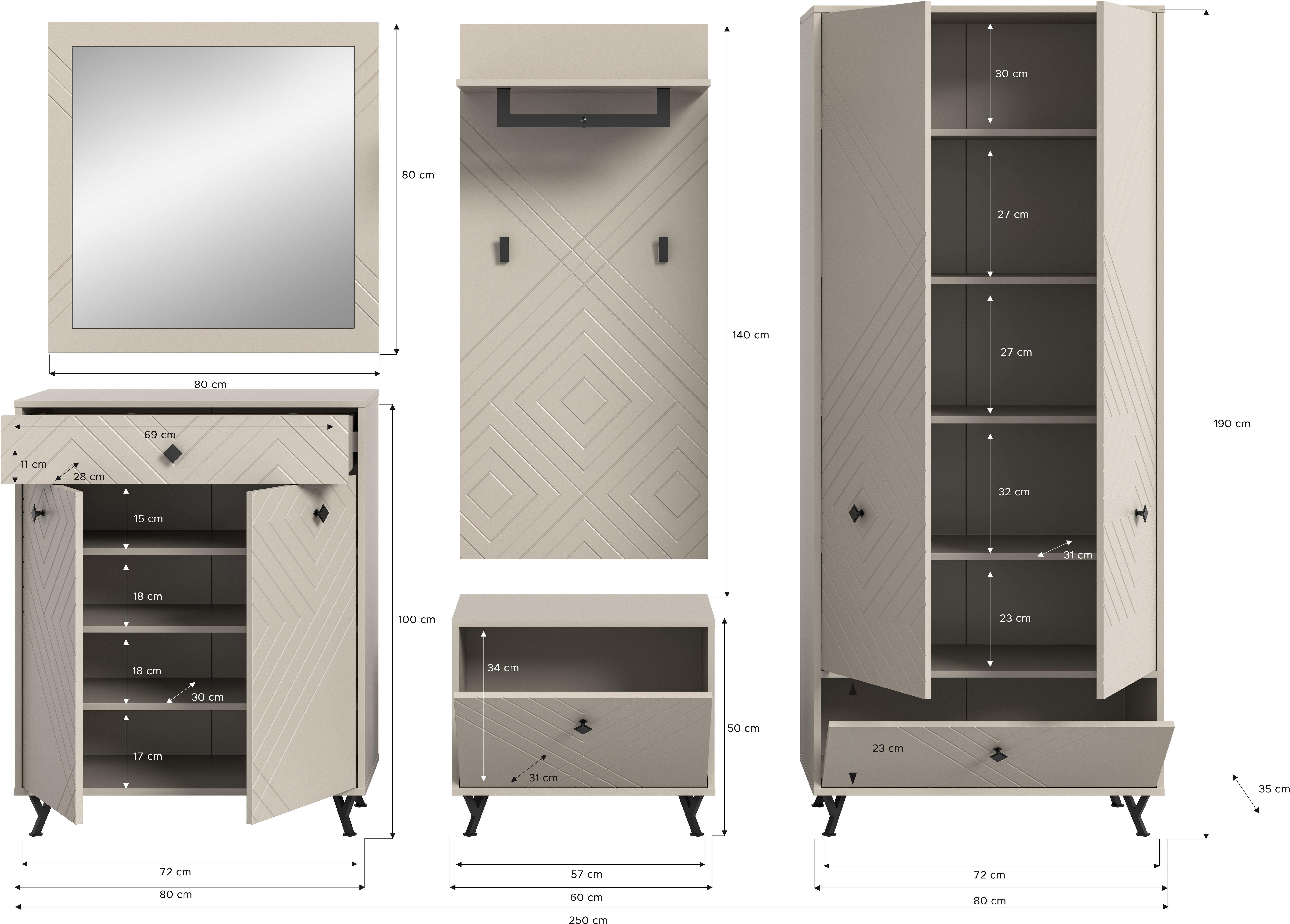 INOSIGN Halmeubelset Mento, 5-delig, ornamentfrezing in de front, bestaande uit: Schoenencommode, spiegel, zitbank, garderobenpaneel, garderobekast (set, 5-delig)