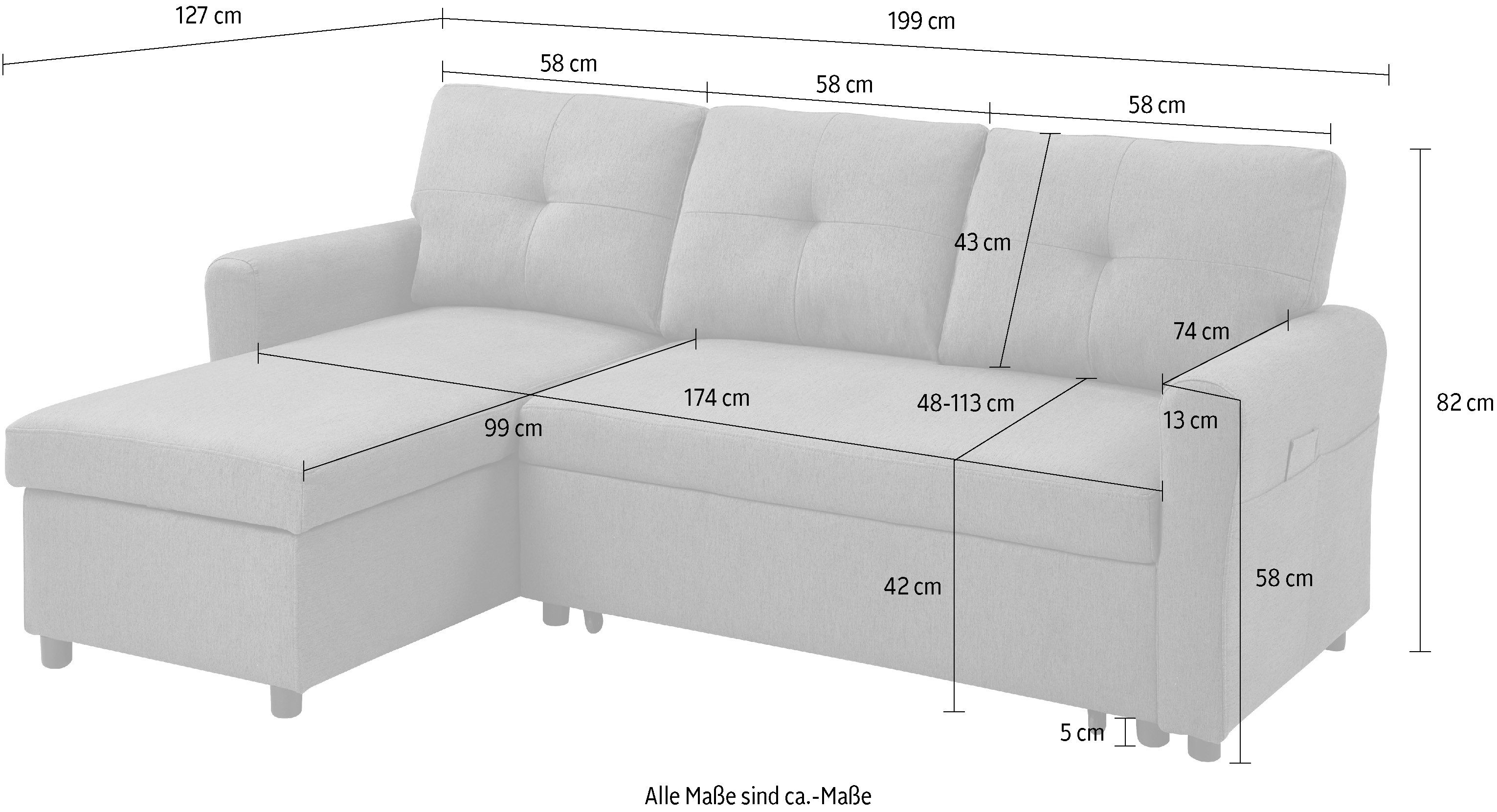 ATLANTIC home collection Hoekbank Gustavo L-vorm met slaapfunctie, opbergruimte & zijzakken