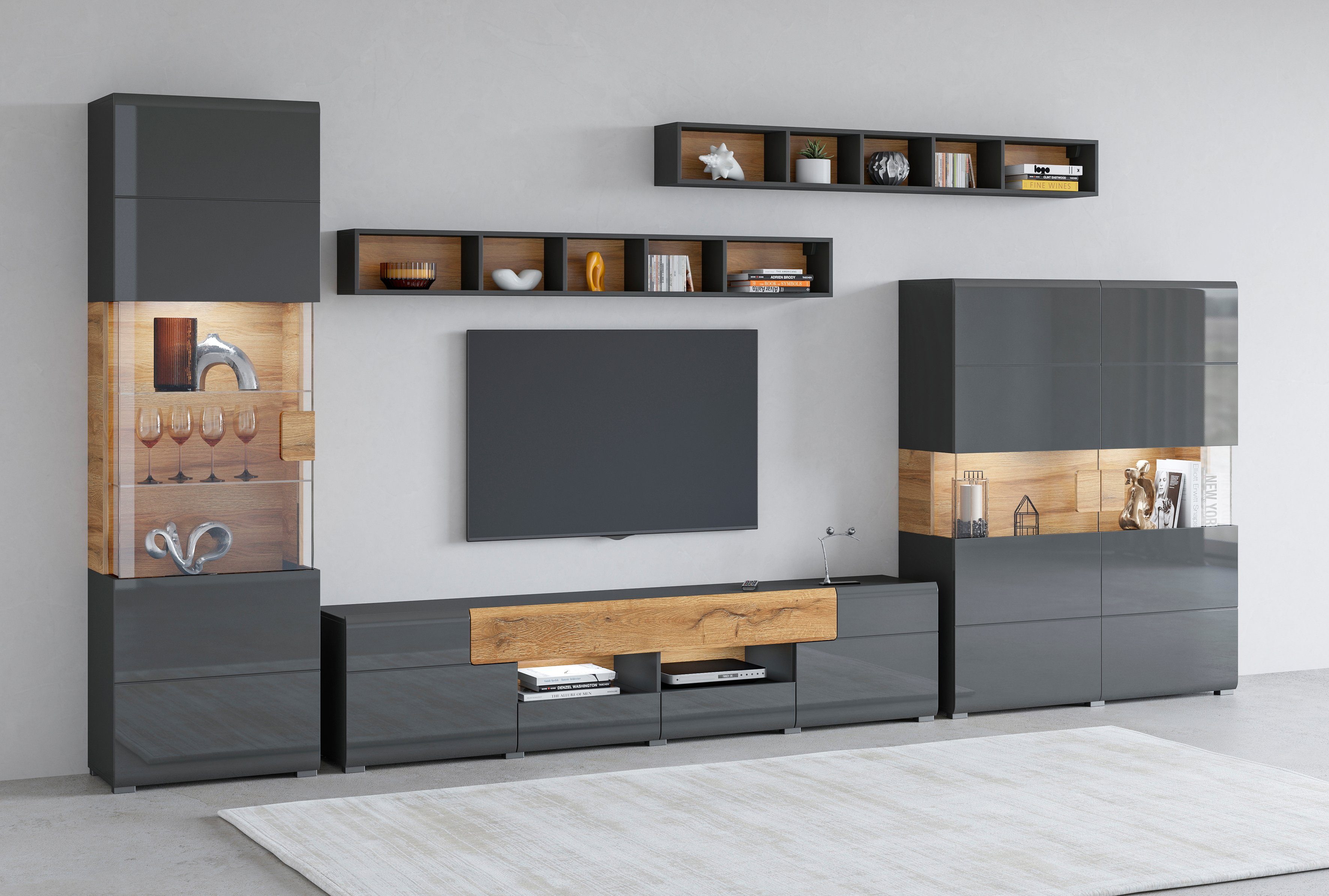 INOSIGN Wandmeubel Toledo, breedte 391cm stijlvolle mediawand zonder verlichting Opbouwwand (vitrine, lowboard, highboard, 2x hangplank) MDF hoogglans