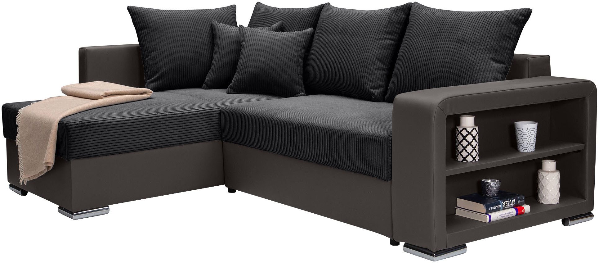 COLLECTION AB Hoekbank L-model Regalarmleuning met LED RGB verlichting, bedfunctie en bedbox