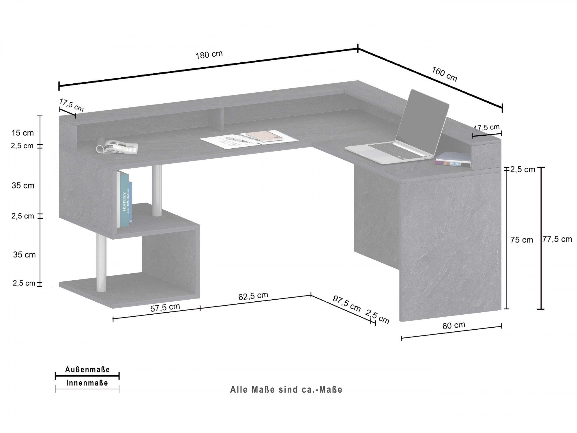INOSIGN Hoekbureau Esse, Bureau in modern design met of zonder monitorsteun breedte 180/160 cm, made in italy