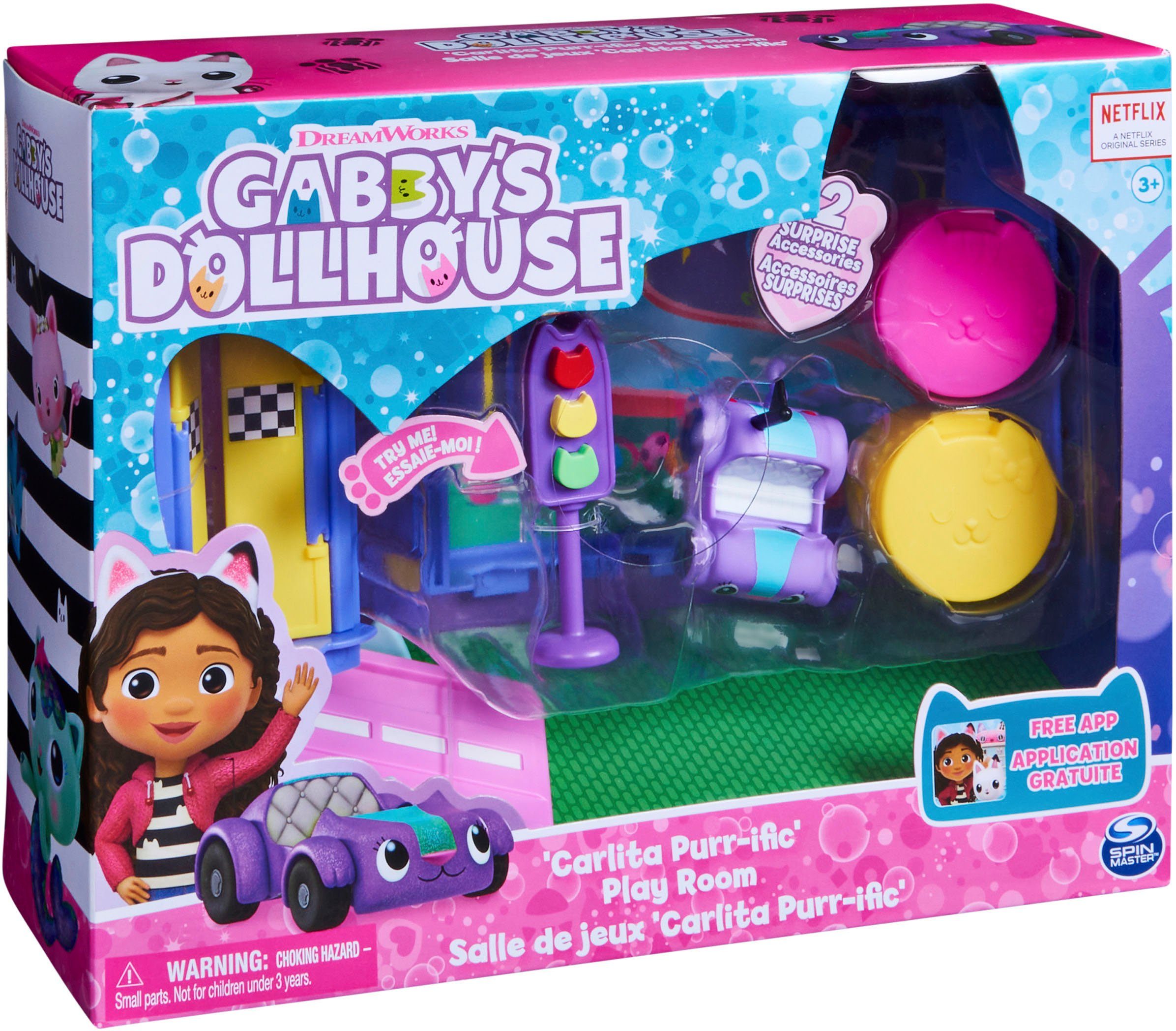 Spin Master Speelwereld Gabby's Dollhouse - Deluxe kamer - Carlita's speelkamer met Carlita auto, meubelstukken en thematische accessoires