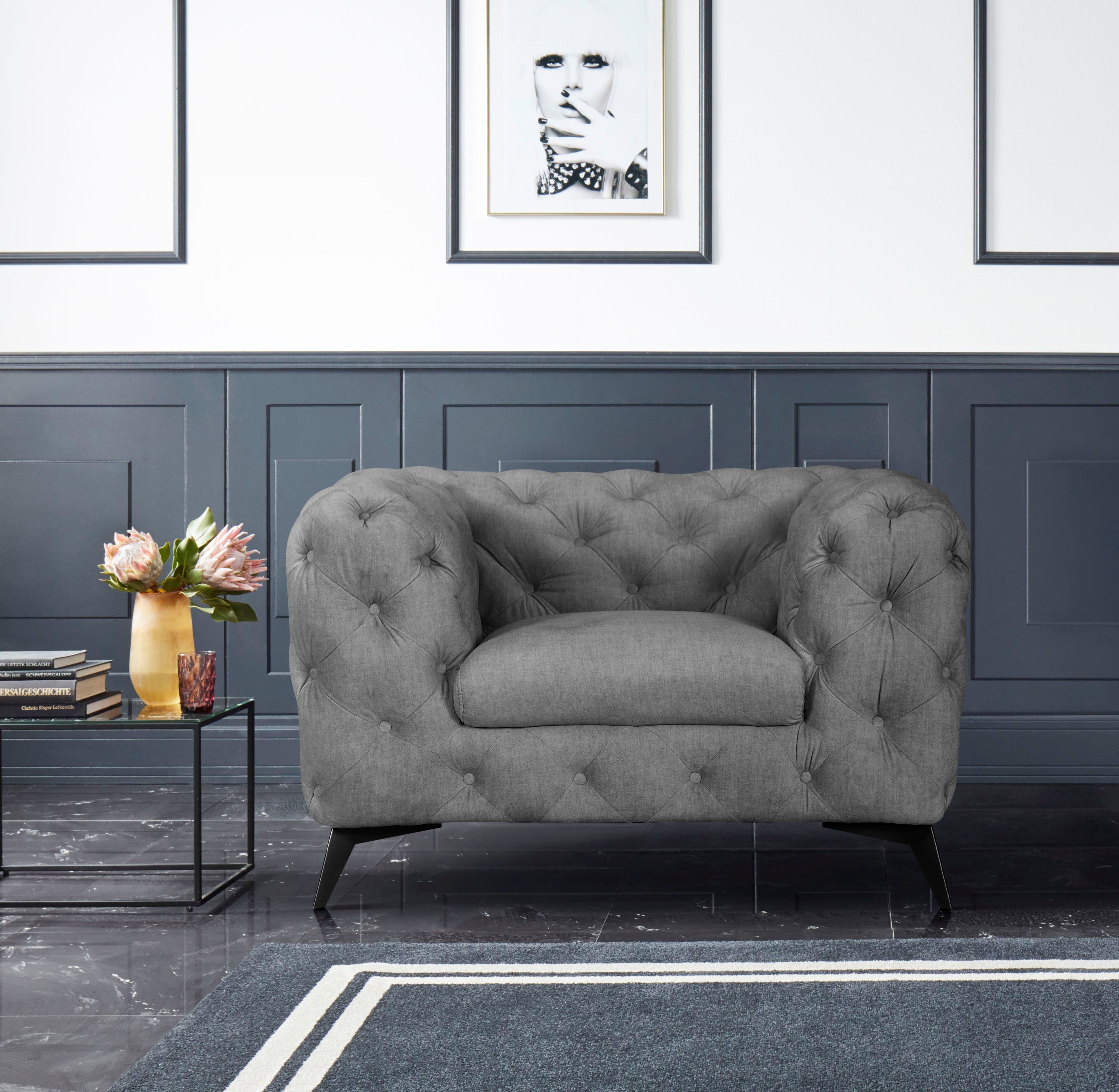 Leonique Chesterfield-fauteuil Glynis Fauteuil luxueuze capitonnage, moderne chesterfield look, kleur van de poten ter keuze